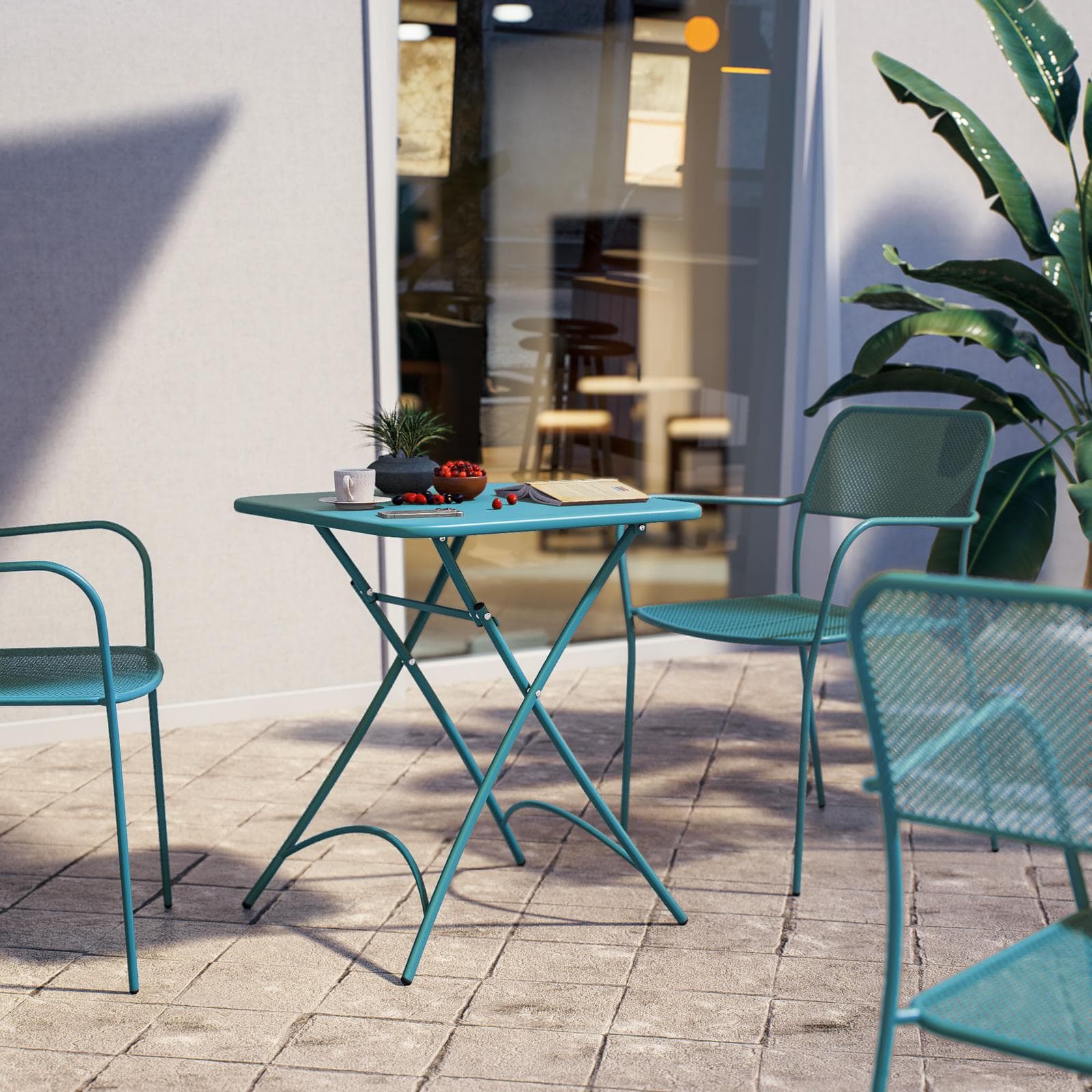 Set bistrot con tavolo pieghevole 60x60 cm e 2 sedie con braccioli in acciaio blu maldive - Faber