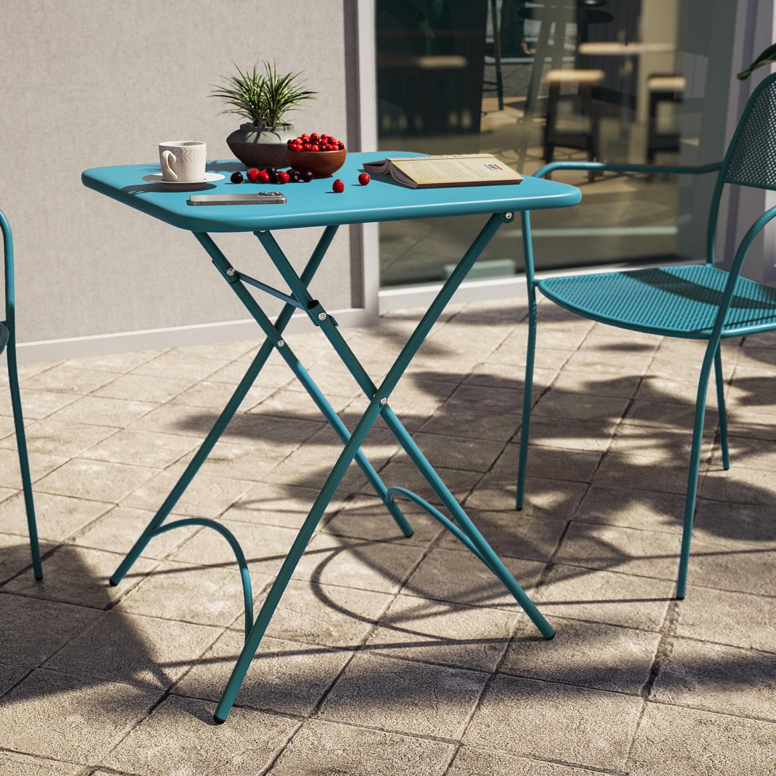 Set bistrot con tavolo pieghevole 60x60 cm e 2 sedie con braccioli in acciaio blu maldive - Faber