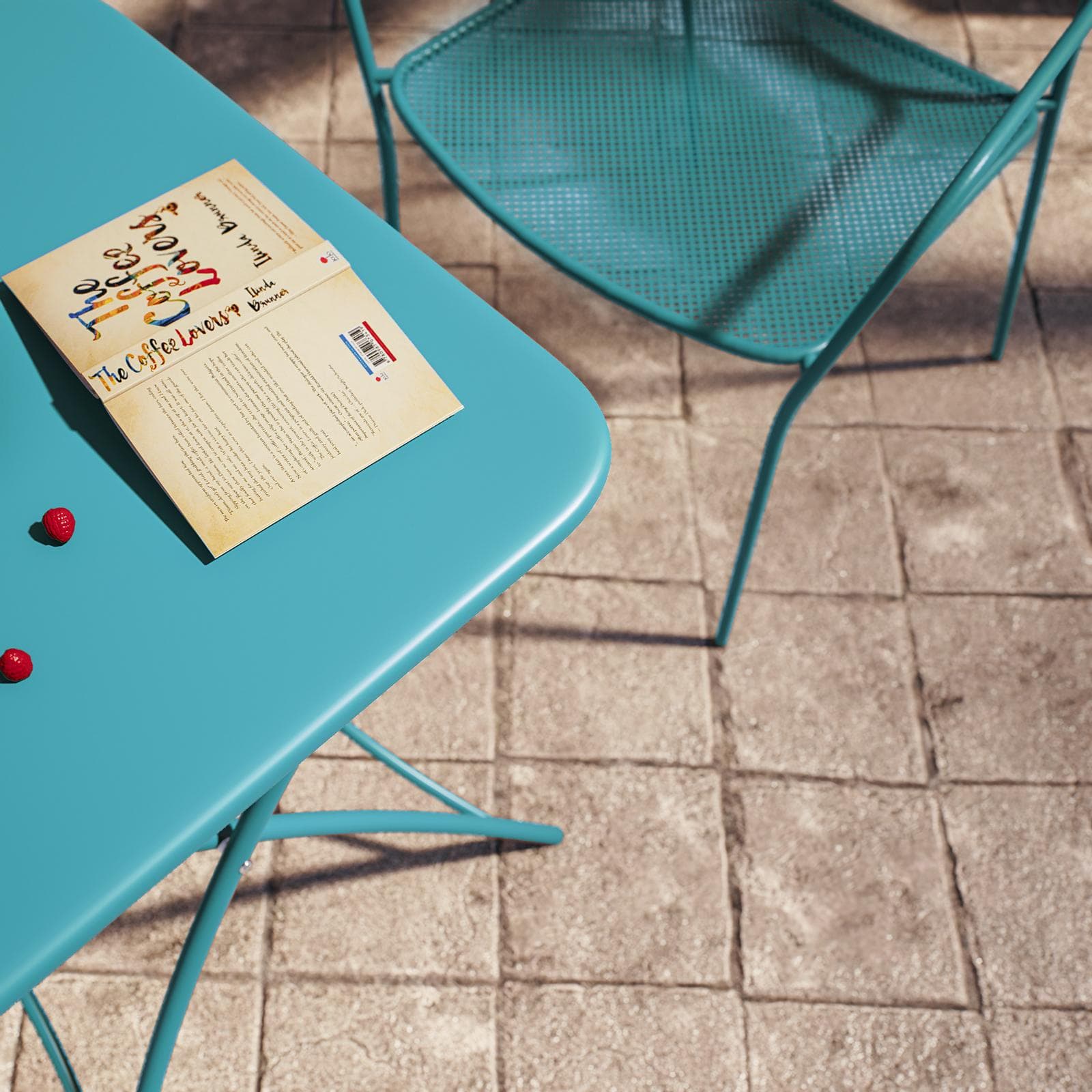 Set bistrot con tavolo pieghevole 60x60 cm e 2 sedie con braccioli in acciaio blu maldive - Faber