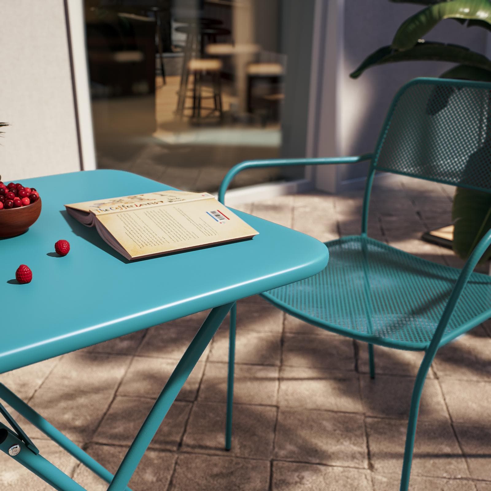 Set bistrot con tavolo pieghevole 60x60 cm e 2 sedie con braccioli in acciaio blu maldive - Faber