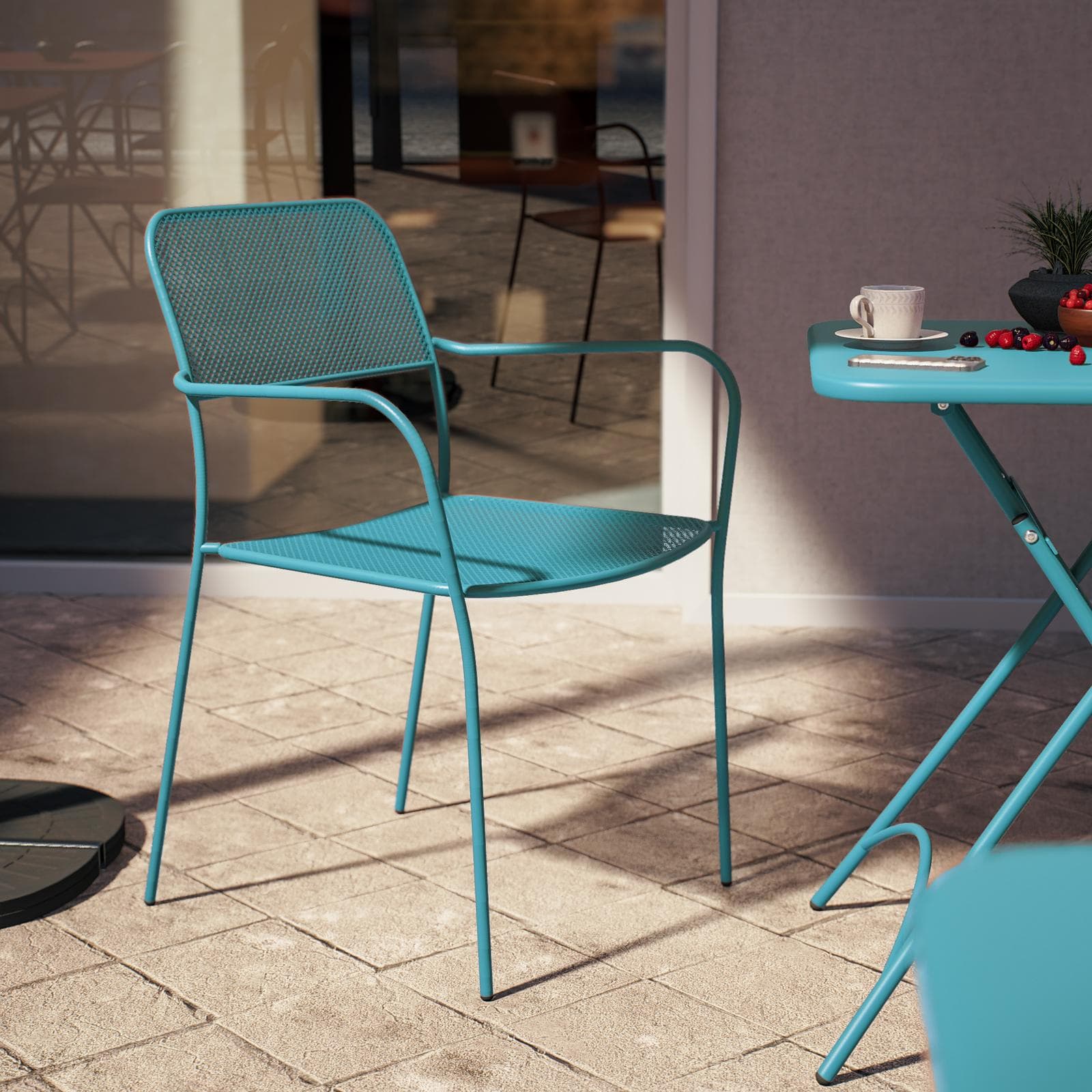 Set bistrot con tavolo pieghevole 60x60 cm e 2 sedie con braccioli in acciaio blu maldive - Faber