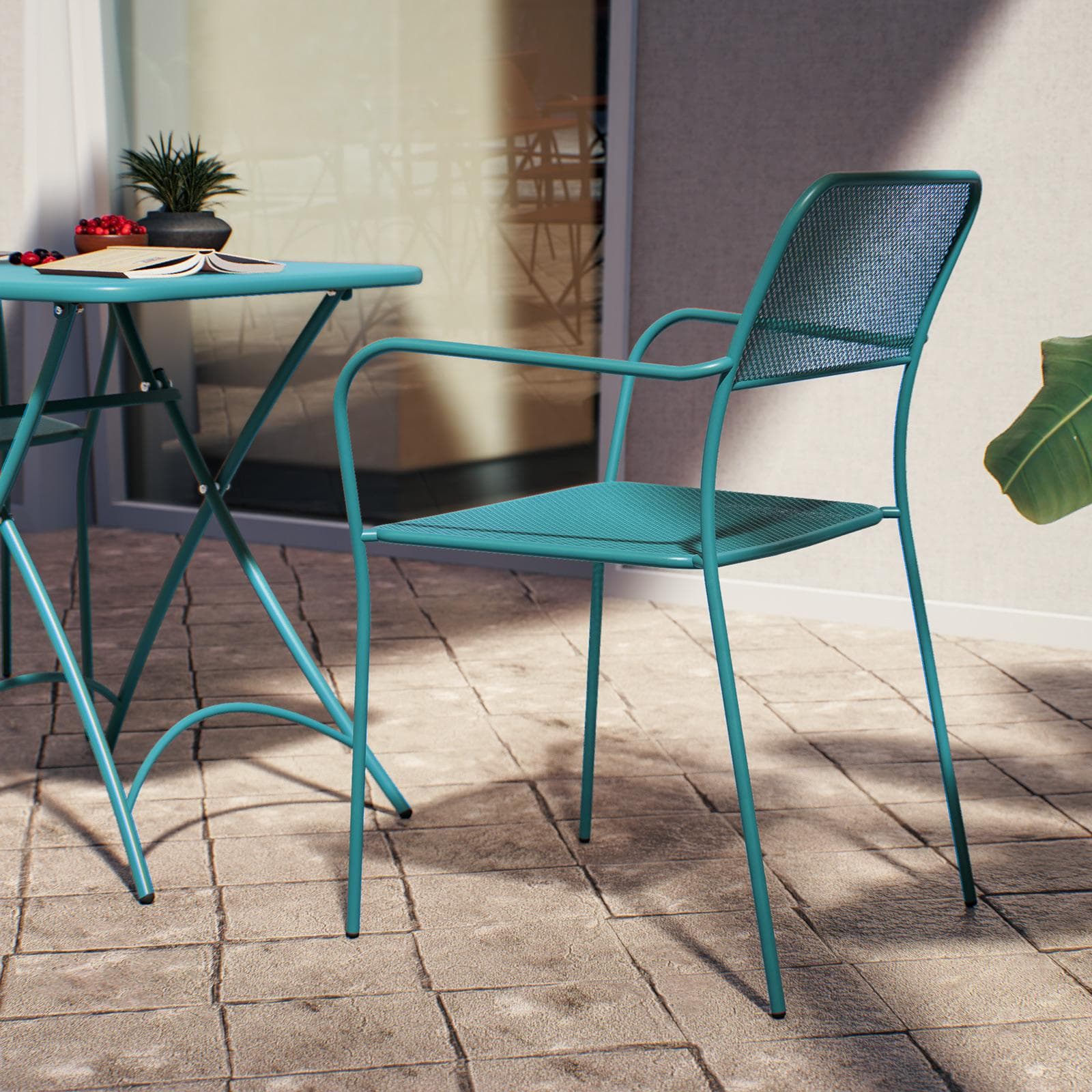 Set bistrot con tavolo pieghevole 60x60 cm e 2 sedie con braccioli in acciaio blu maldive - Faber
