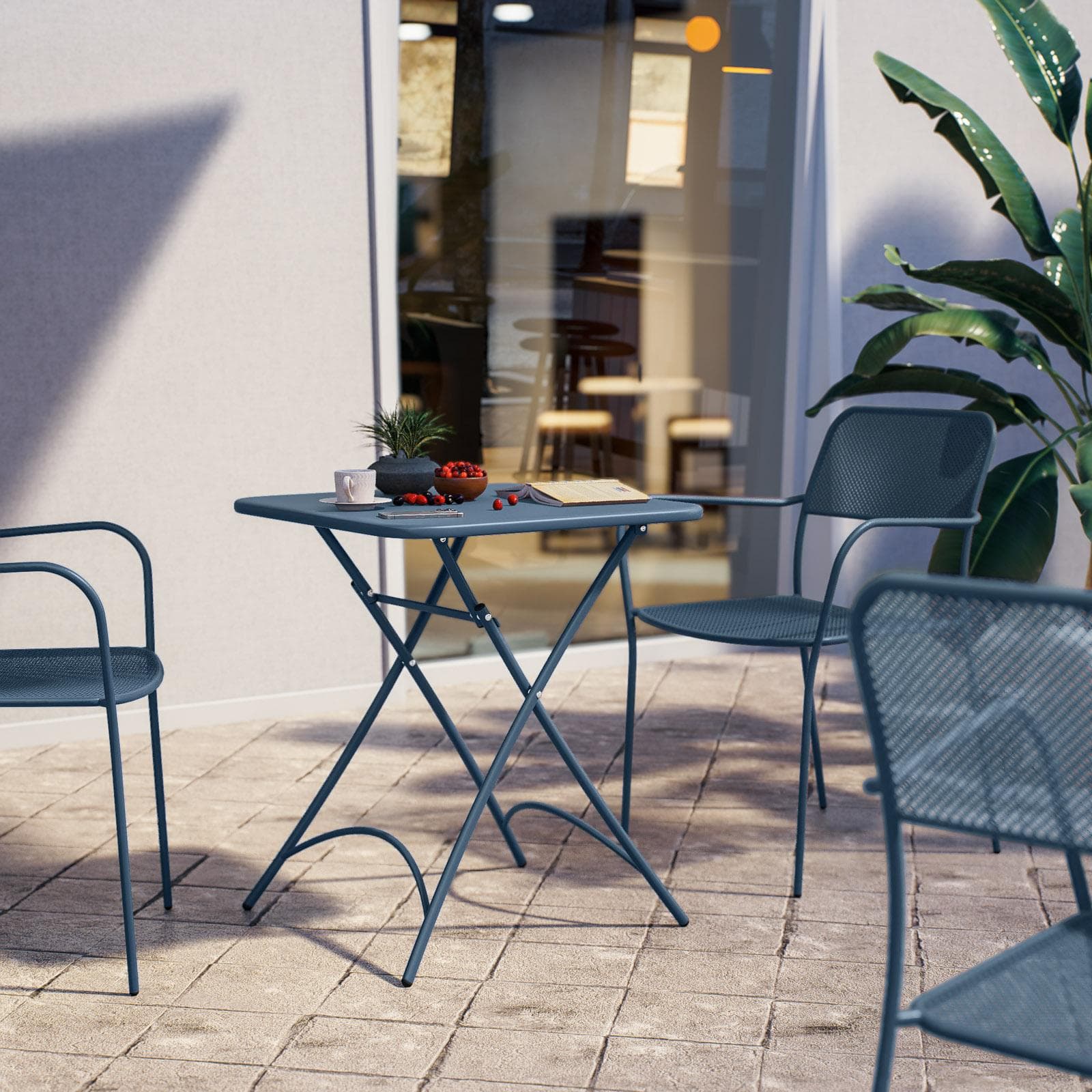 Set bistrot con tavolo pieghevole 60x60 cm e 2 sedie con braccioli in acciaio blu oceano - Faber
