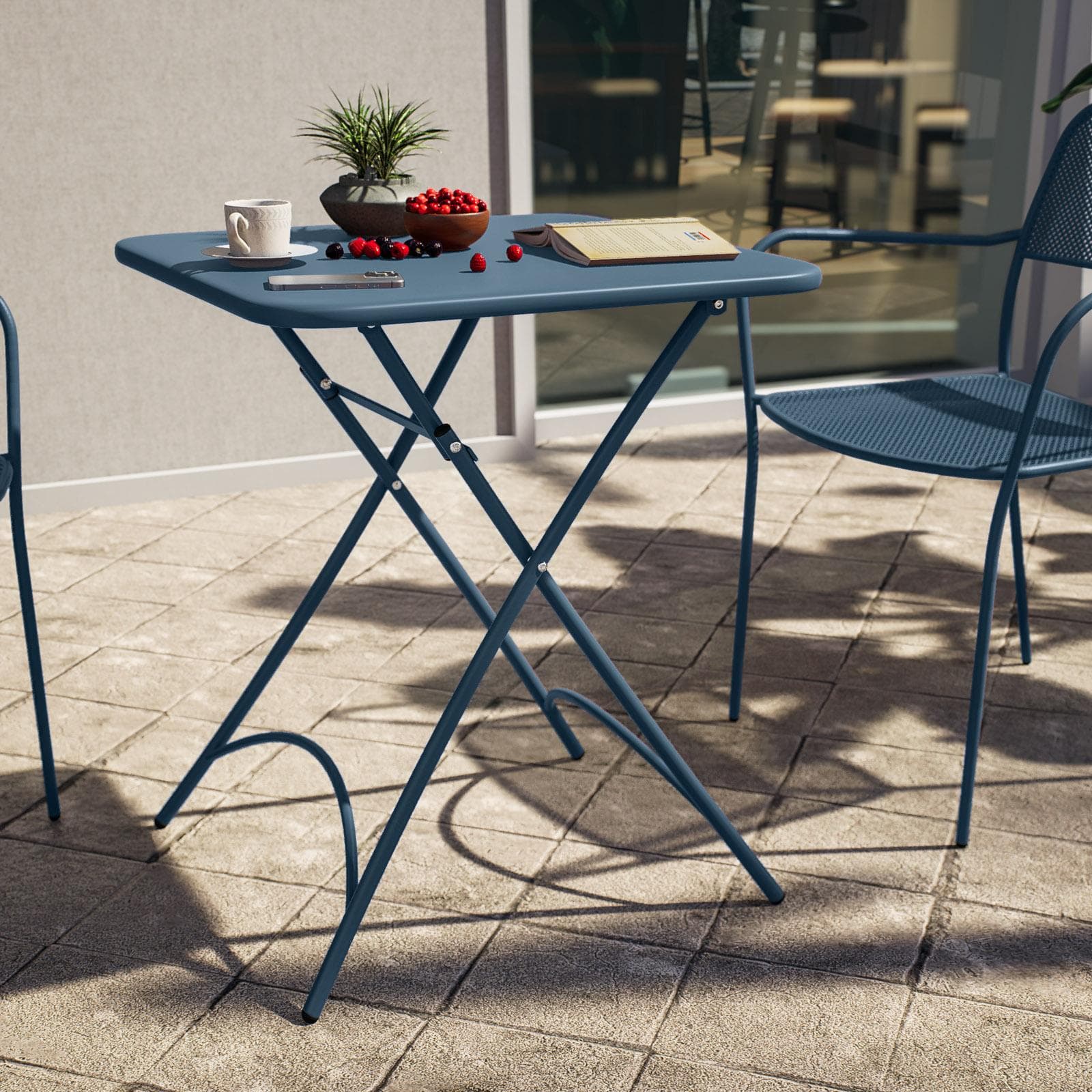 Set bistrot con tavolo pieghevole 60x60 cm e 2 sedie con braccioli in acciaio blu oceano - Faber