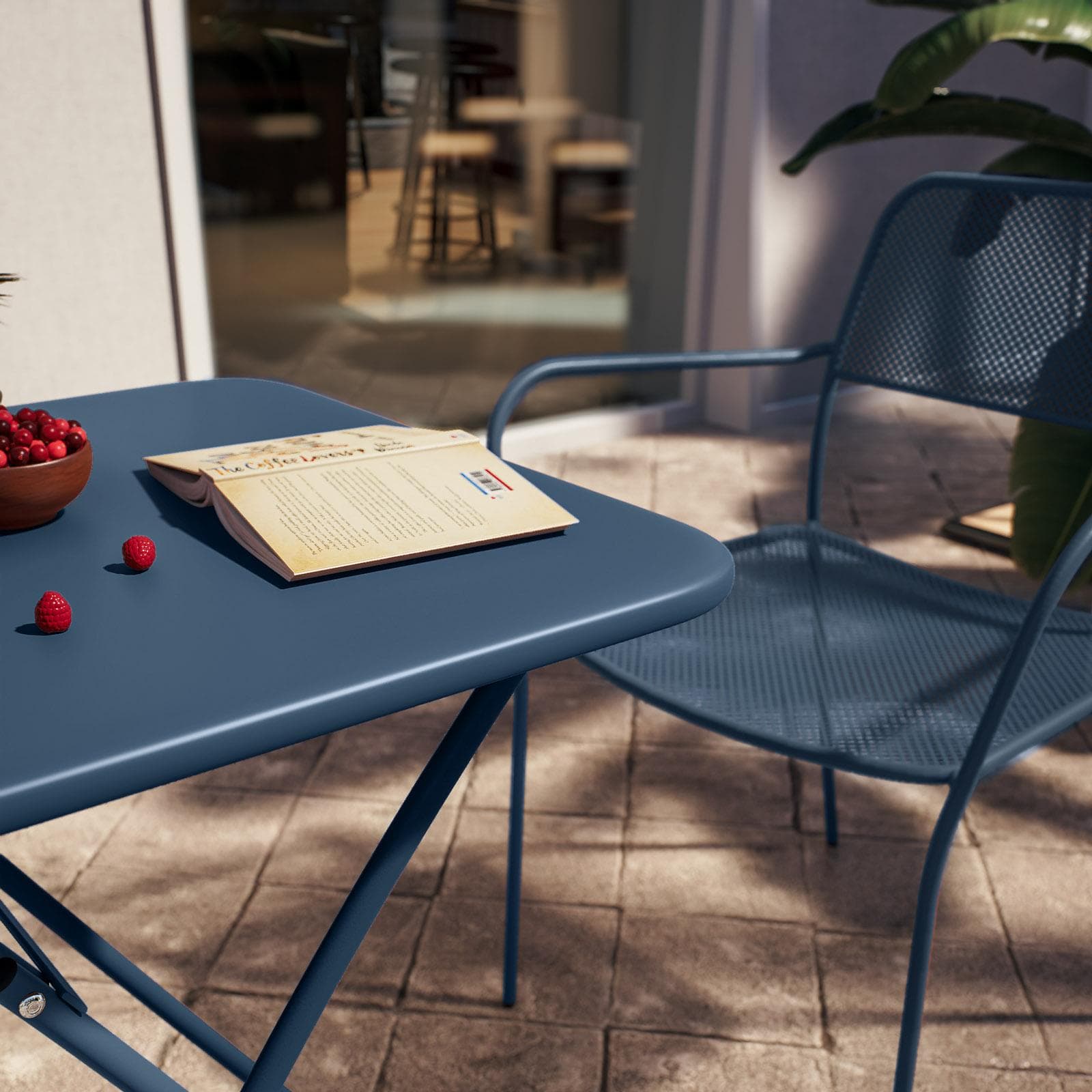 Set bistrot con tavolo pieghevole 60x60 cm e 2 sedie con braccioli in acciaio blu oceano - Faber