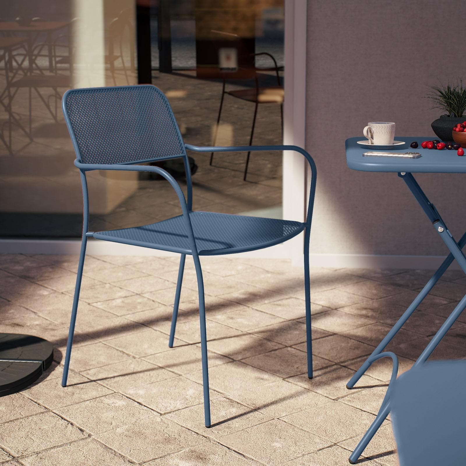 Set bistrot con tavolo pieghevole 60x60 cm e 2 sedie con braccioli in acciaio blu oceano - Faber