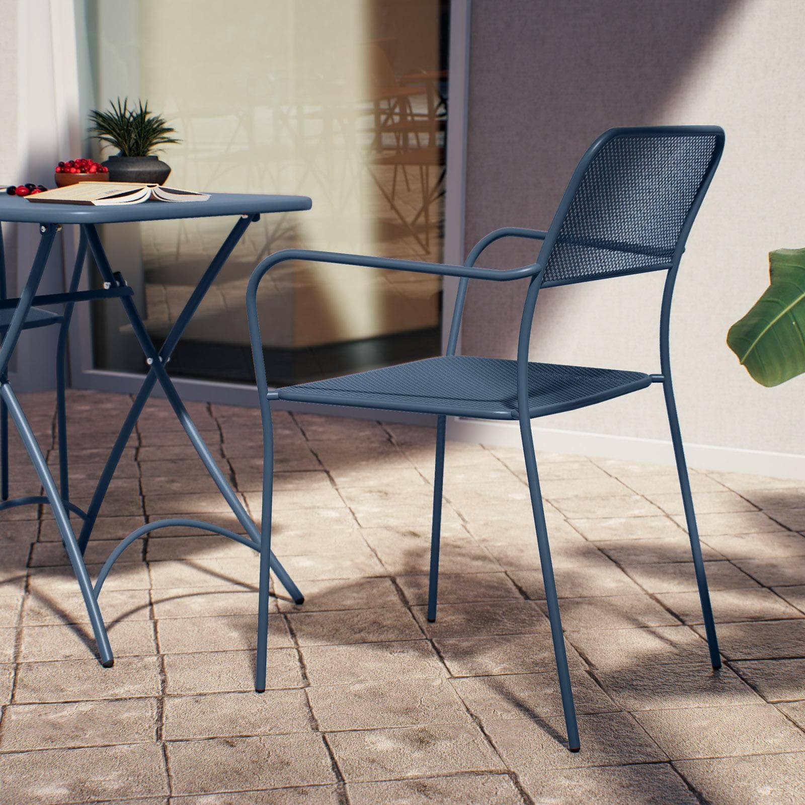 Set bistrot con tavolo pieghevole 60x60 cm e 2 sedie con braccioli in acciaio blu oceano - Faber
