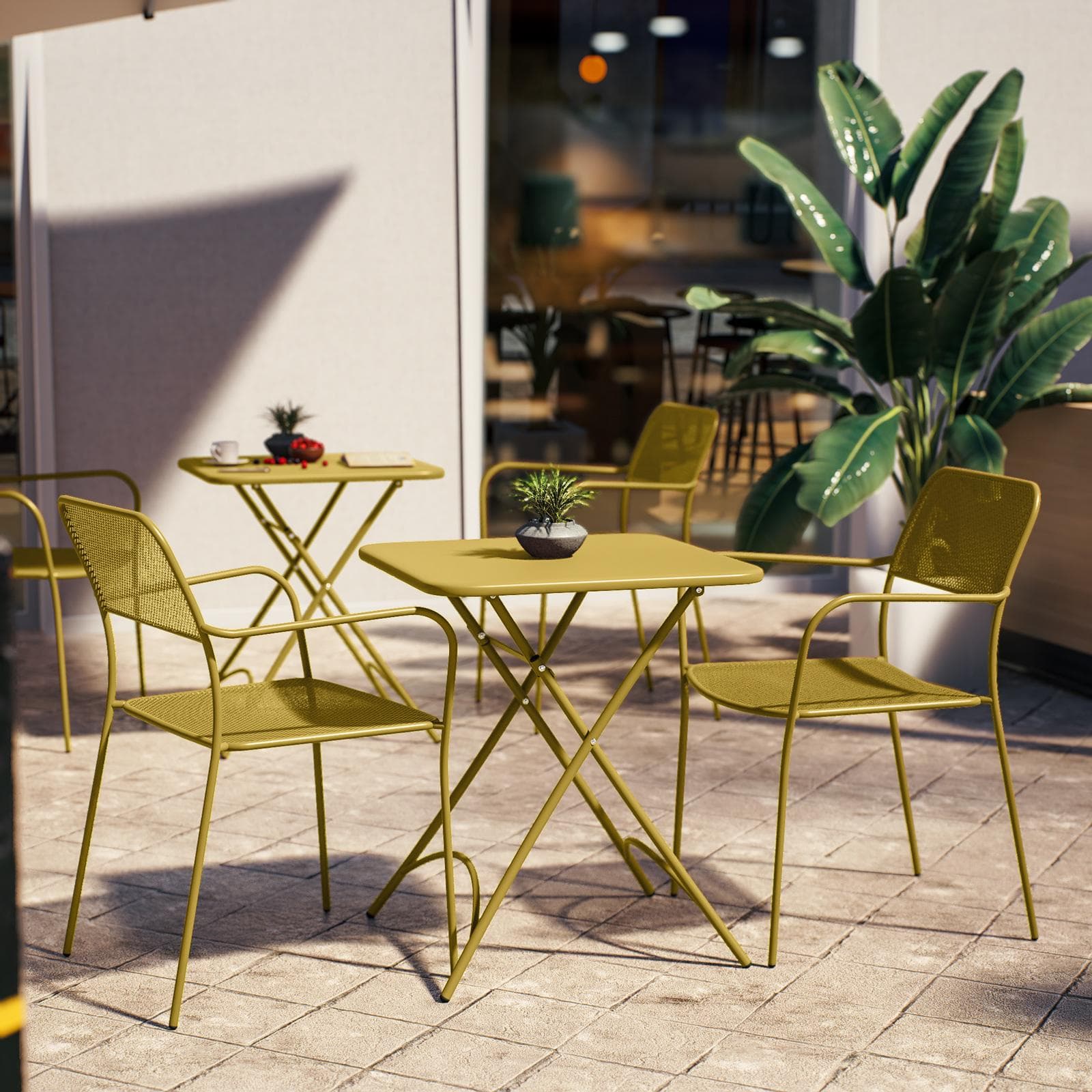 Set bistrot con tavolo pieghevole 60x60 cm e 2 sedie con braccioli in acciaio senape - Faber