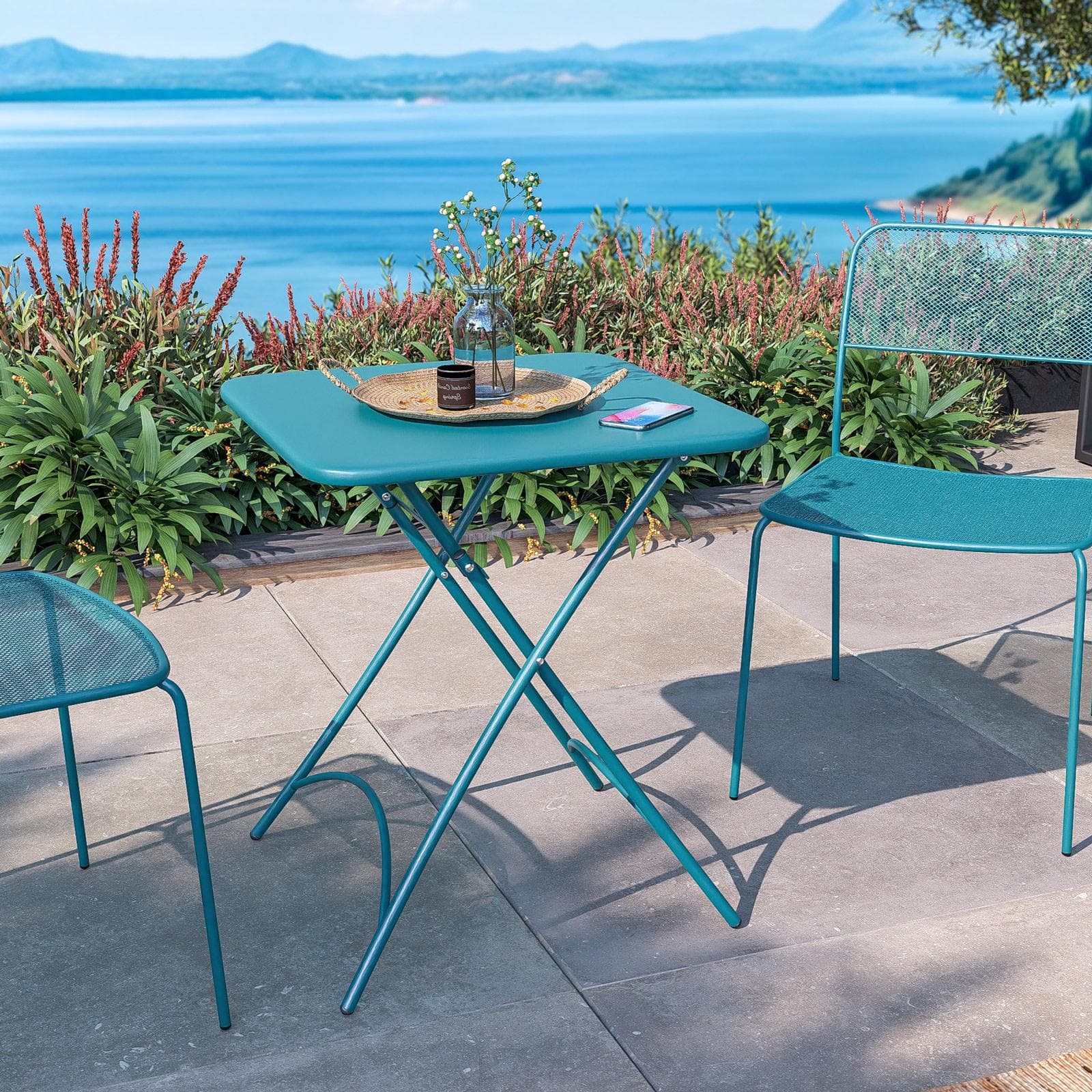 Set bistrot con tavolo pieghevole 60x60 cm e 2 sedie in acciaio blu maldive - Faber