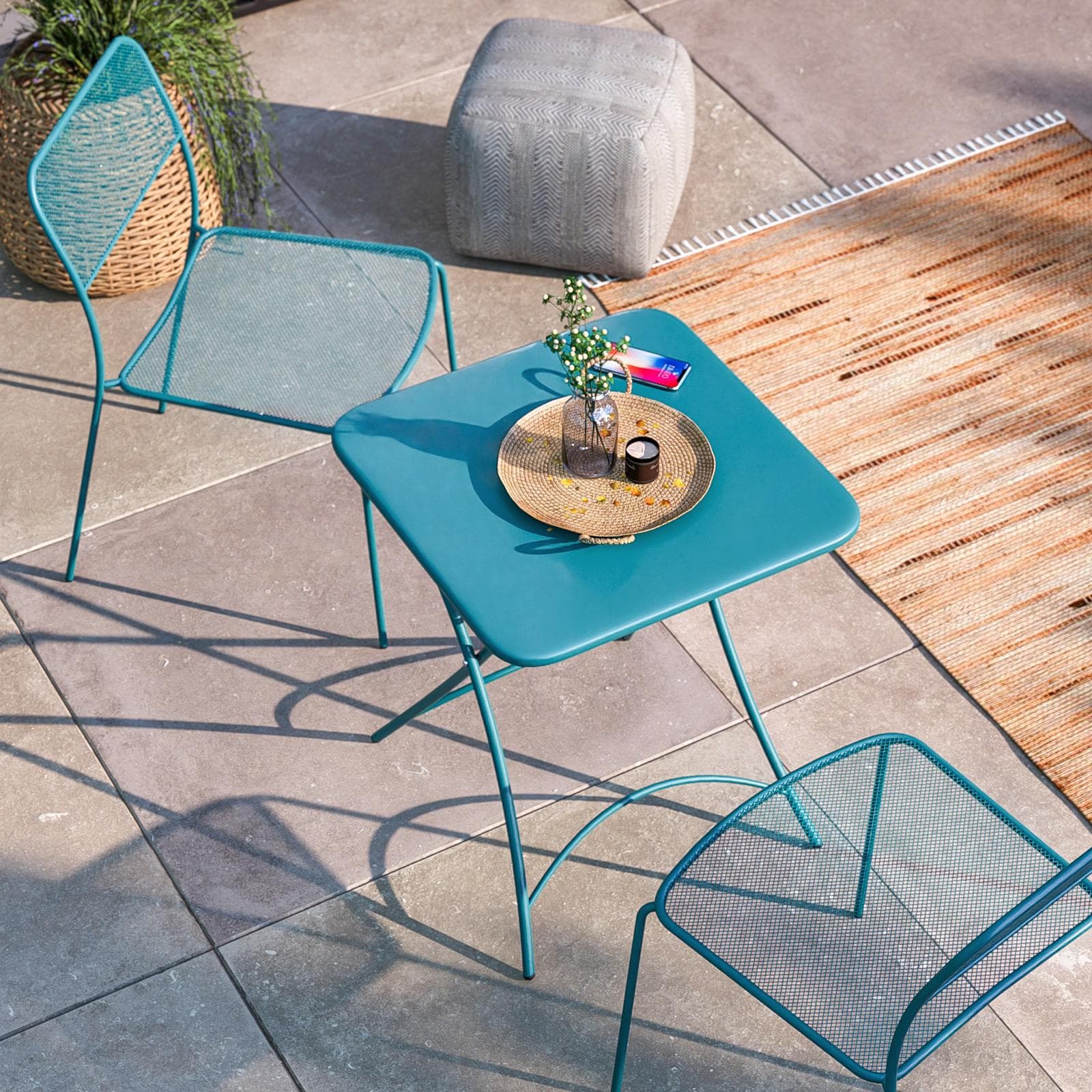 Set bistrot con tavolo pieghevole 60x60 cm e 2 sedie in acciaio blu maldive - Faber