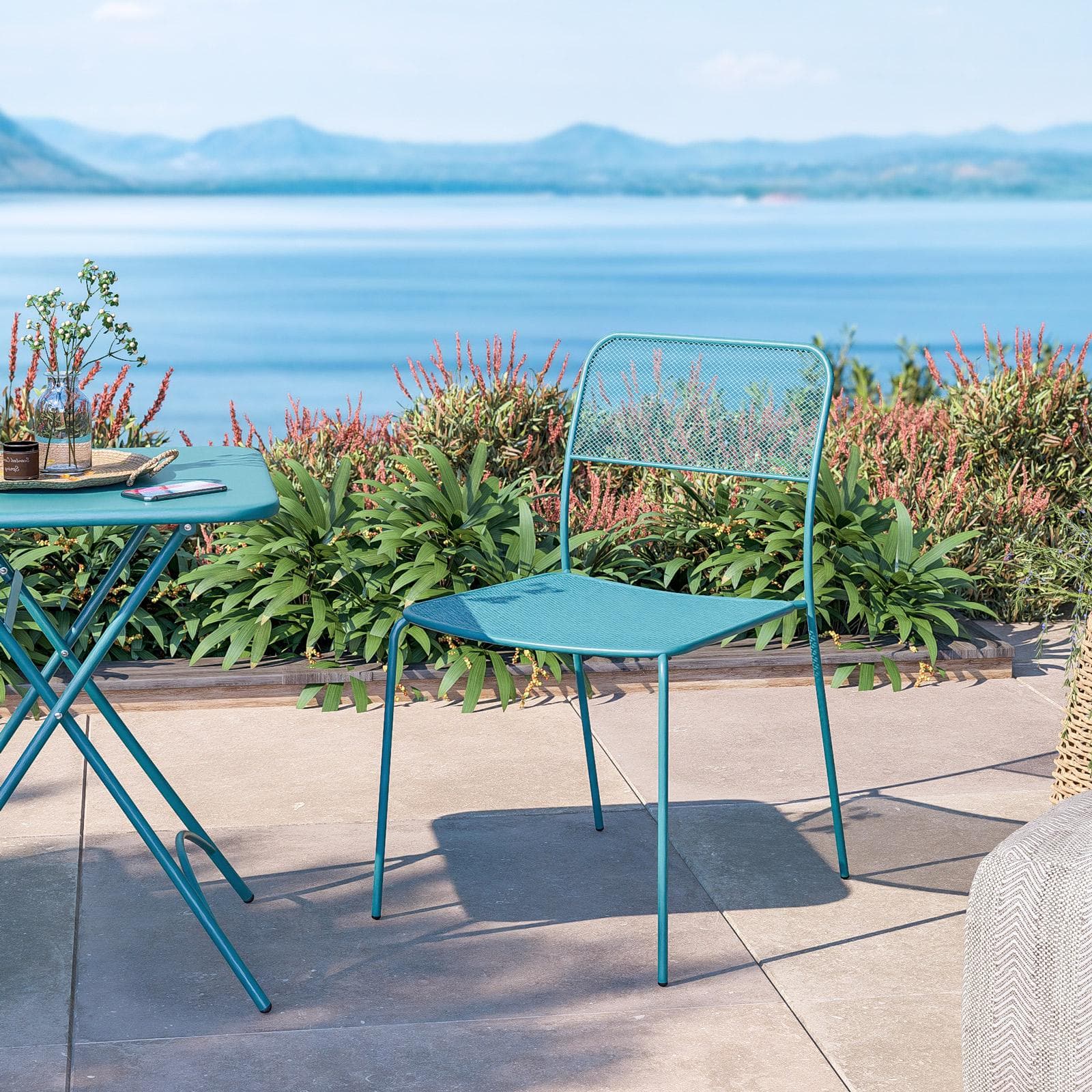 Set bistrot con tavolo pieghevole 60x60 cm e 2 sedie in acciaio blu maldive - Faber