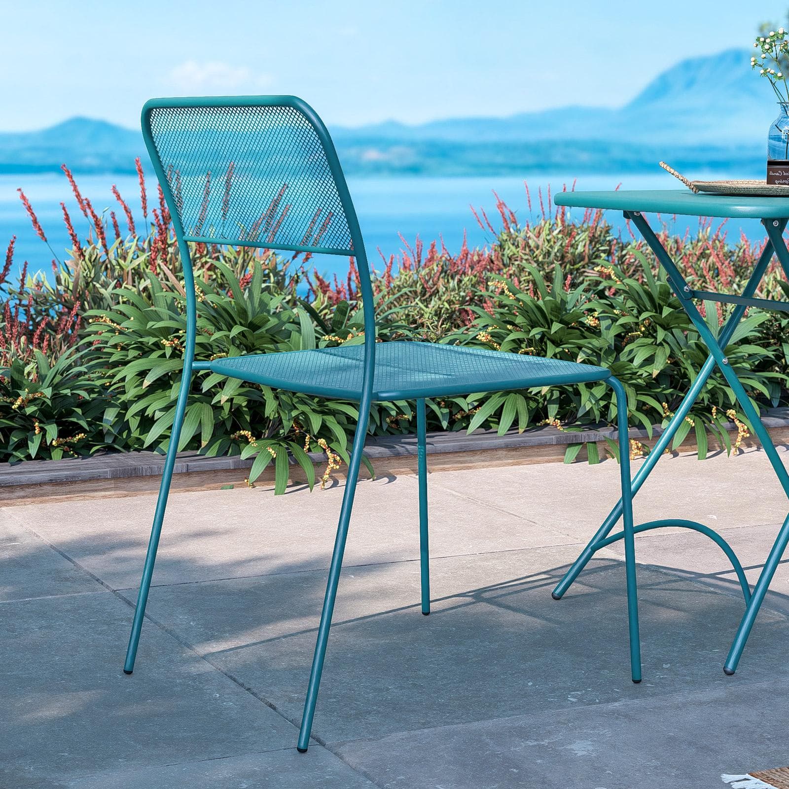Set bistrot con tavolo pieghevole 60x60 cm e 2 sedie in acciaio blu maldive - Faber