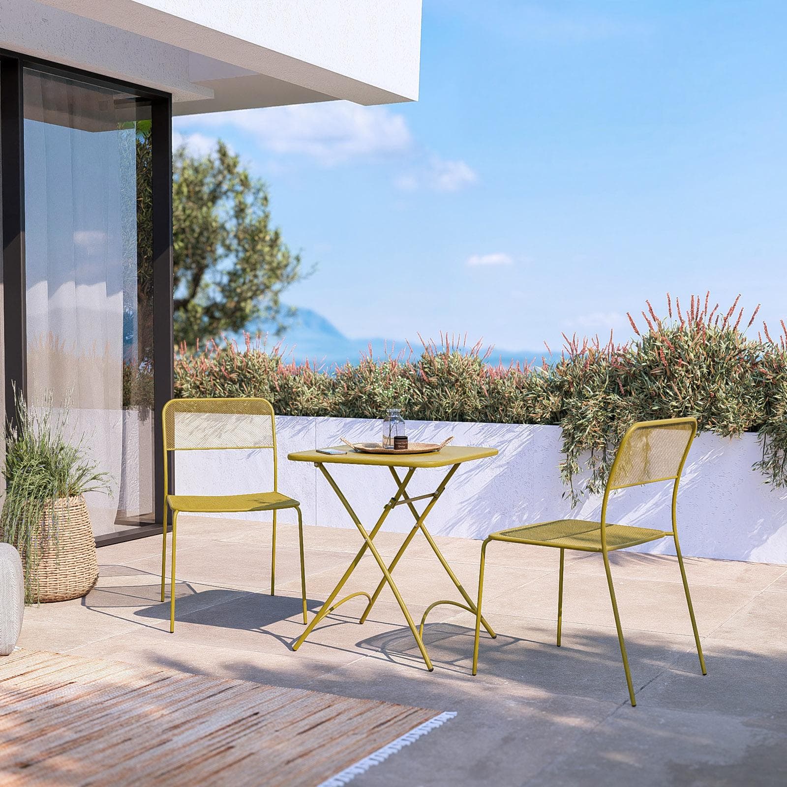 Set bistrot con tavolo pieghevole 60x60 cm e 2 sedie in acciaio senape - Faber
