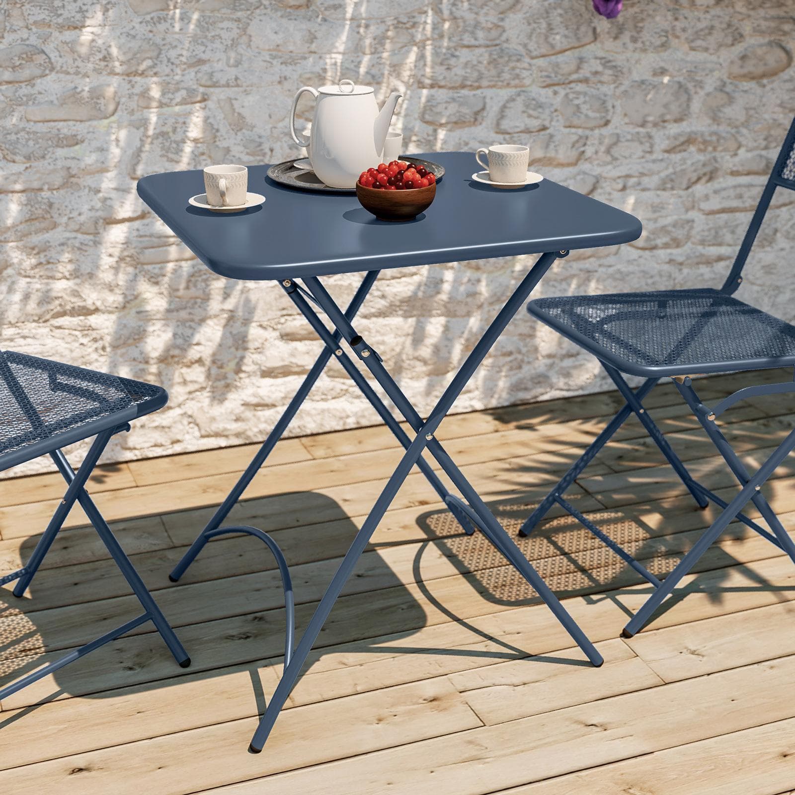Set bistrot con tavolo pieghevole 60x60 cm e 2 sedie pieghevoli in acciaio blu oceano - Faber