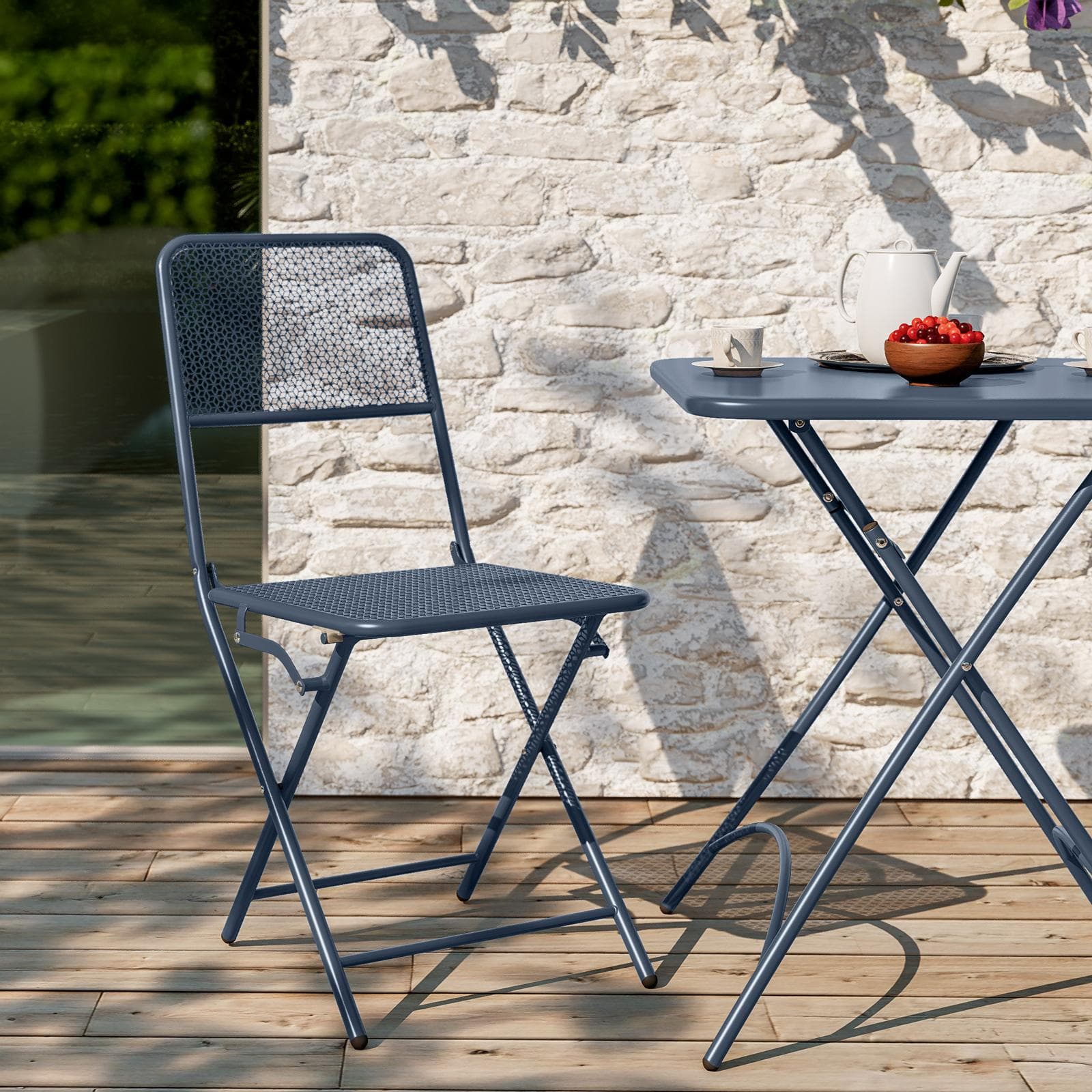 Set bistrot con tavolo pieghevole 60x60 cm e 2 sedie pieghevoli in acciaio blu oceano - Faber