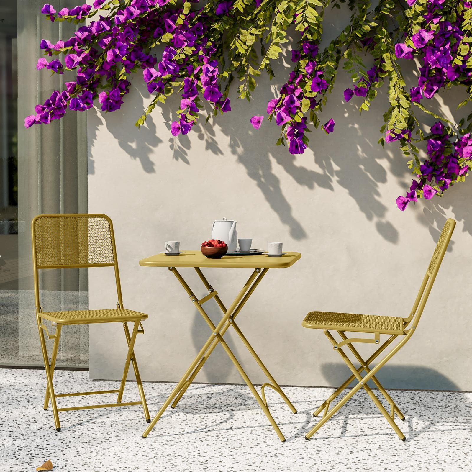 Set bistrot con tavolo pieghevole 60x60 cm e 2 sedie pieghevoli in acciaio senape - Faber