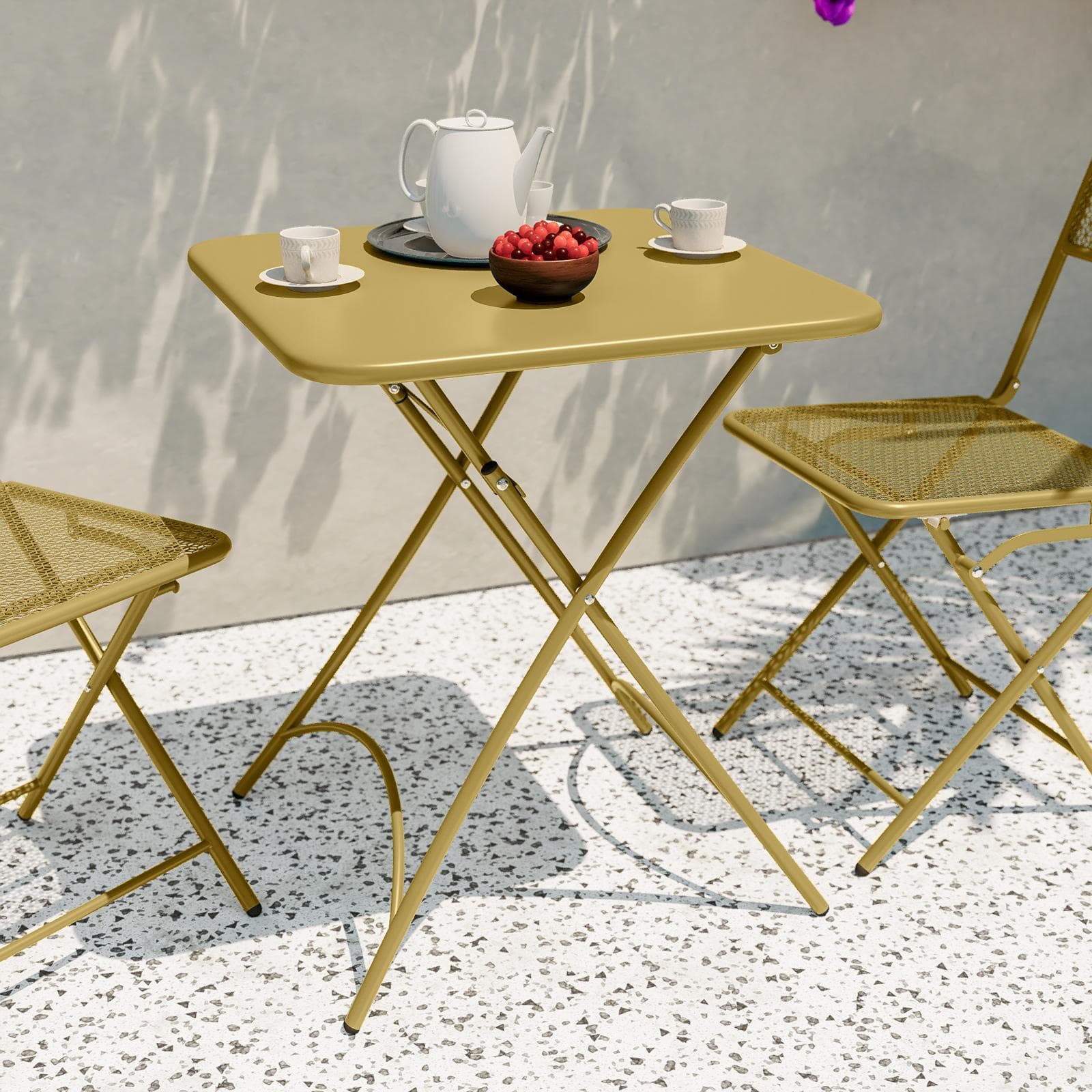 Set bistrot con tavolo pieghevole 60x60 cm e 2 sedie pieghevoli in acciaio senape - Faber