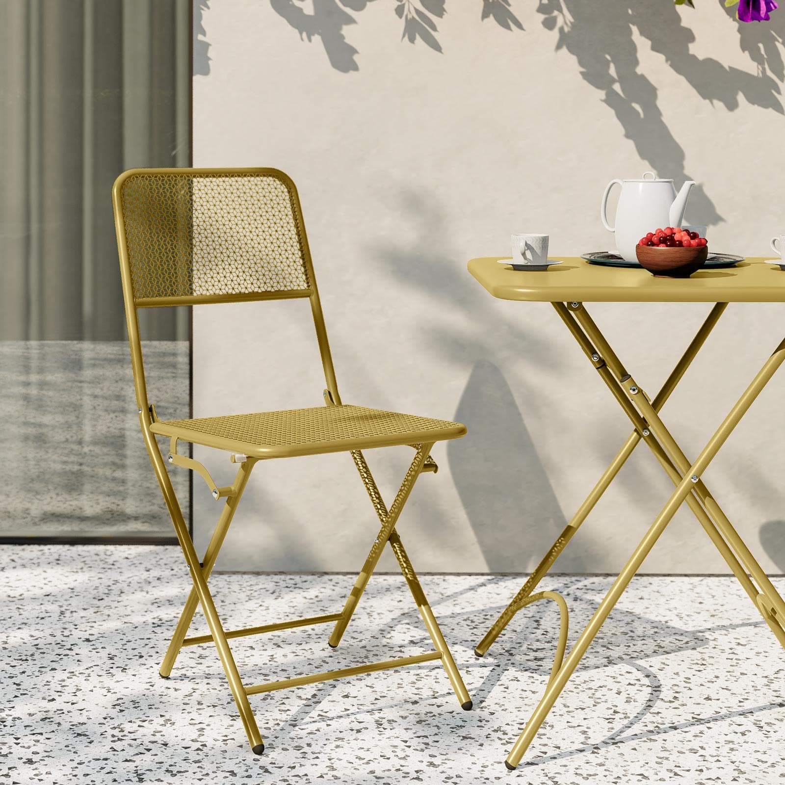 Set bistrot con tavolo pieghevole 60x60 cm e 2 sedie pieghevoli in acciaio senape - Faber