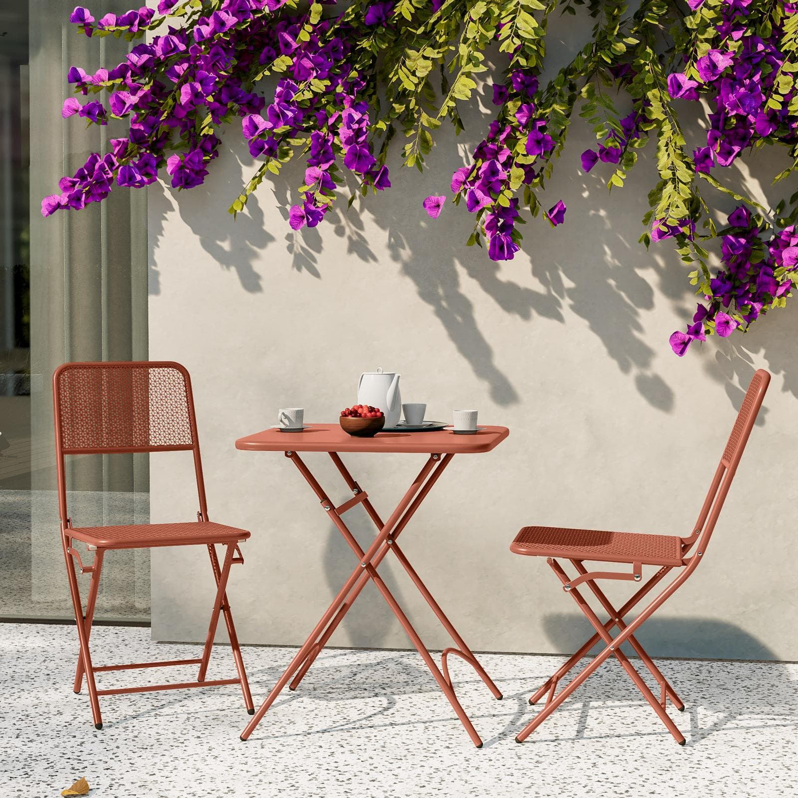 Set bistrot con tavolo pieghevole 60x60 cm e 2 sedie pieghevoli in acciaio terracotta - Faber