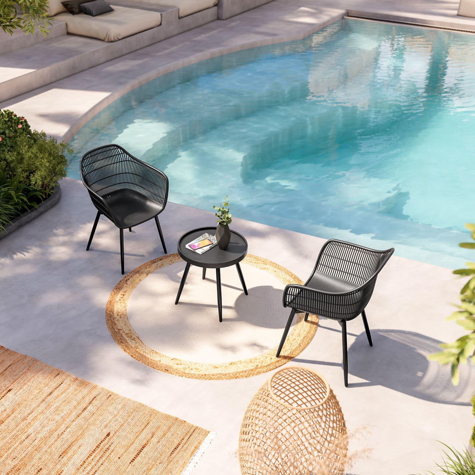 Set relax da giardino con 2 poltrone e un tavolino in polipropilene nero - Sendai