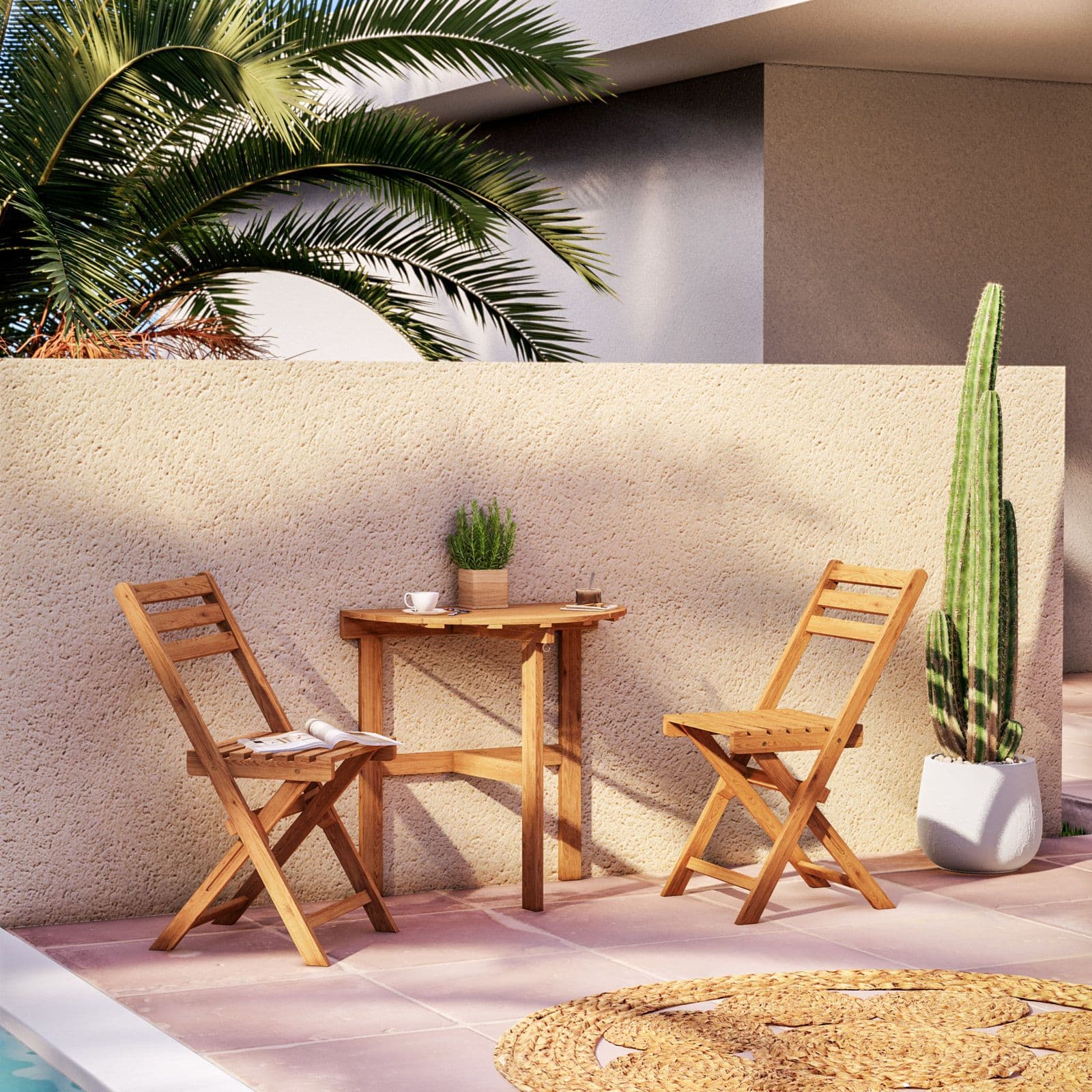 Set bistrot salvaspazio con tavolo pieghevole e 2 sedie pieghevoli in legno massello di acacia - Nauru