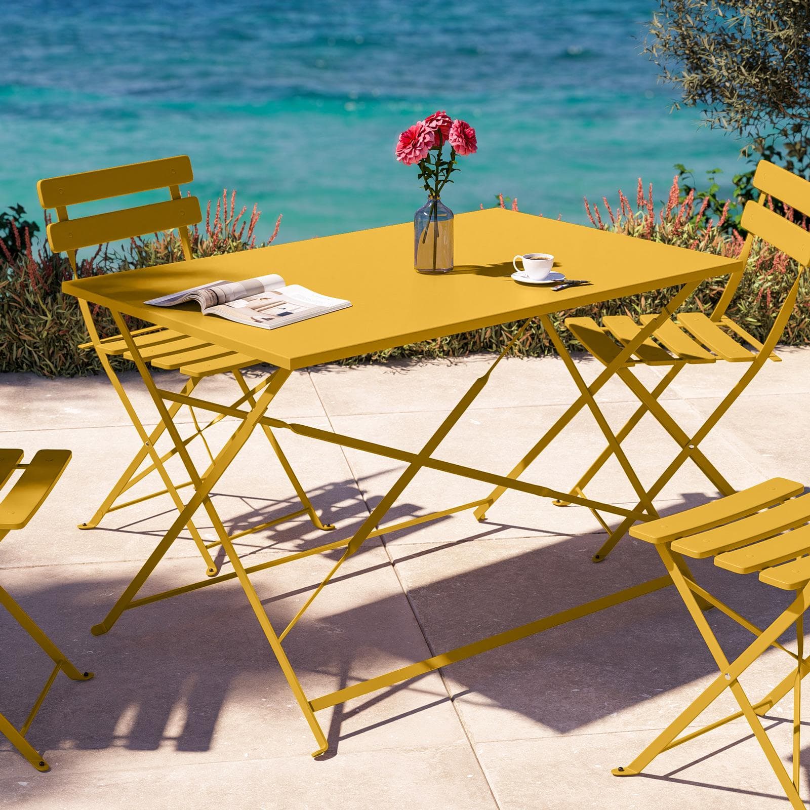 Set pranzo pieghevole con tavolo 110x70 cm e 4 sedie in metallo senape - Atelier