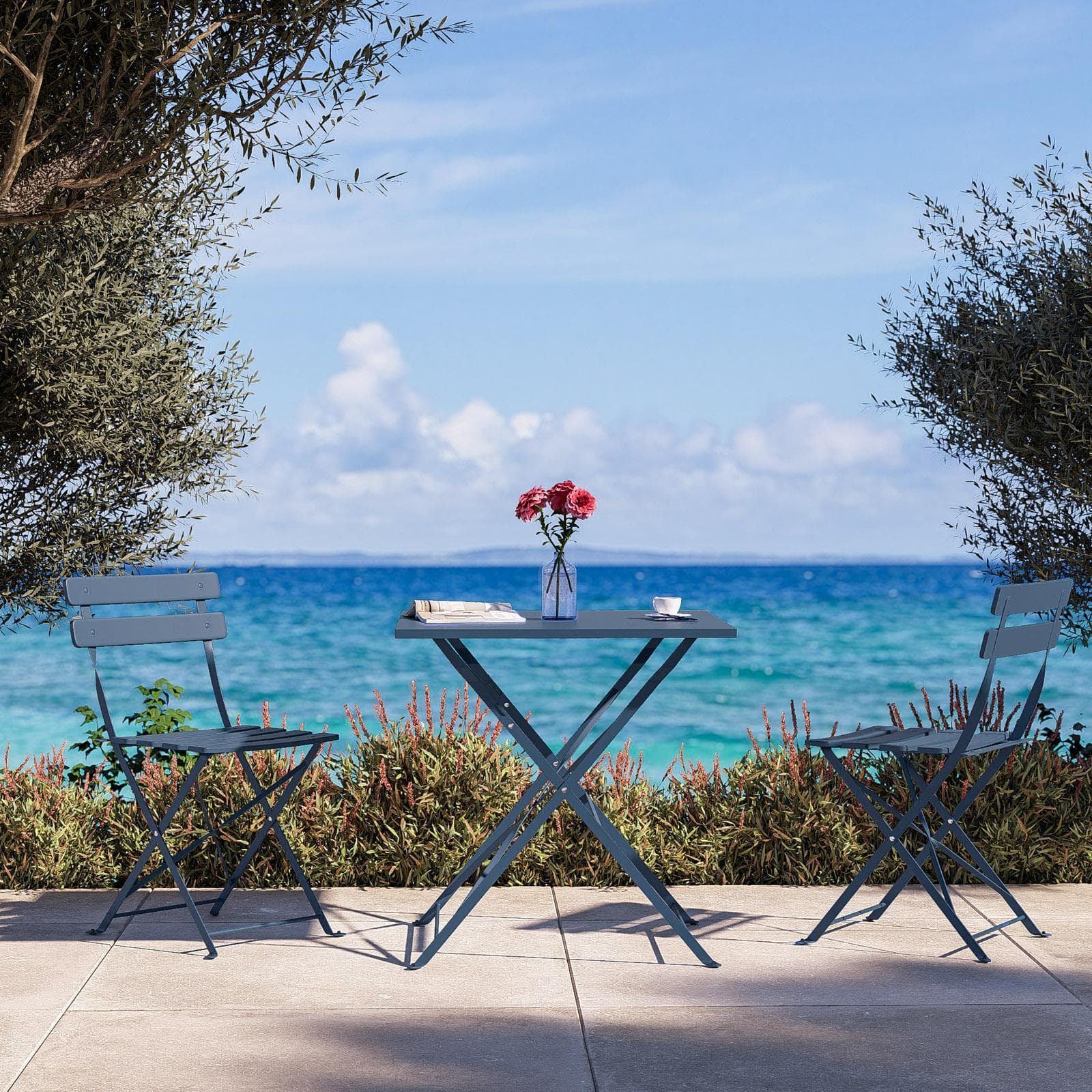 Set bistrot pieghevole con tavolo 70x70 cm e 2 sedie in metallo blu ardesia - Atelier