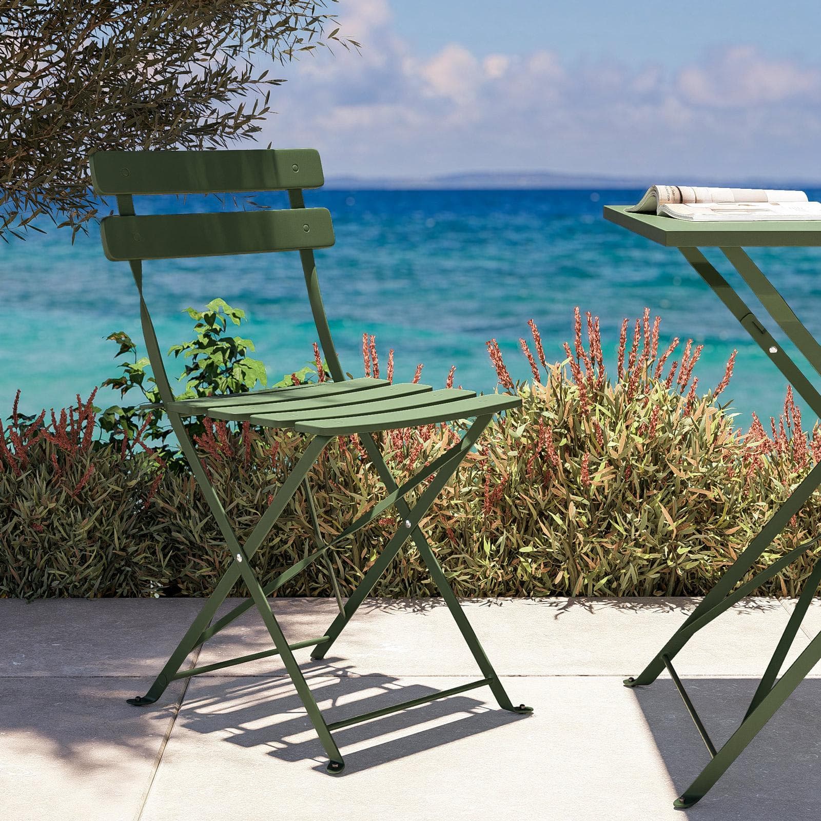 Set bistrot pieghevole con tavolo 70x70 cm e 2 sedie in metallo verde salvia - Atelier
