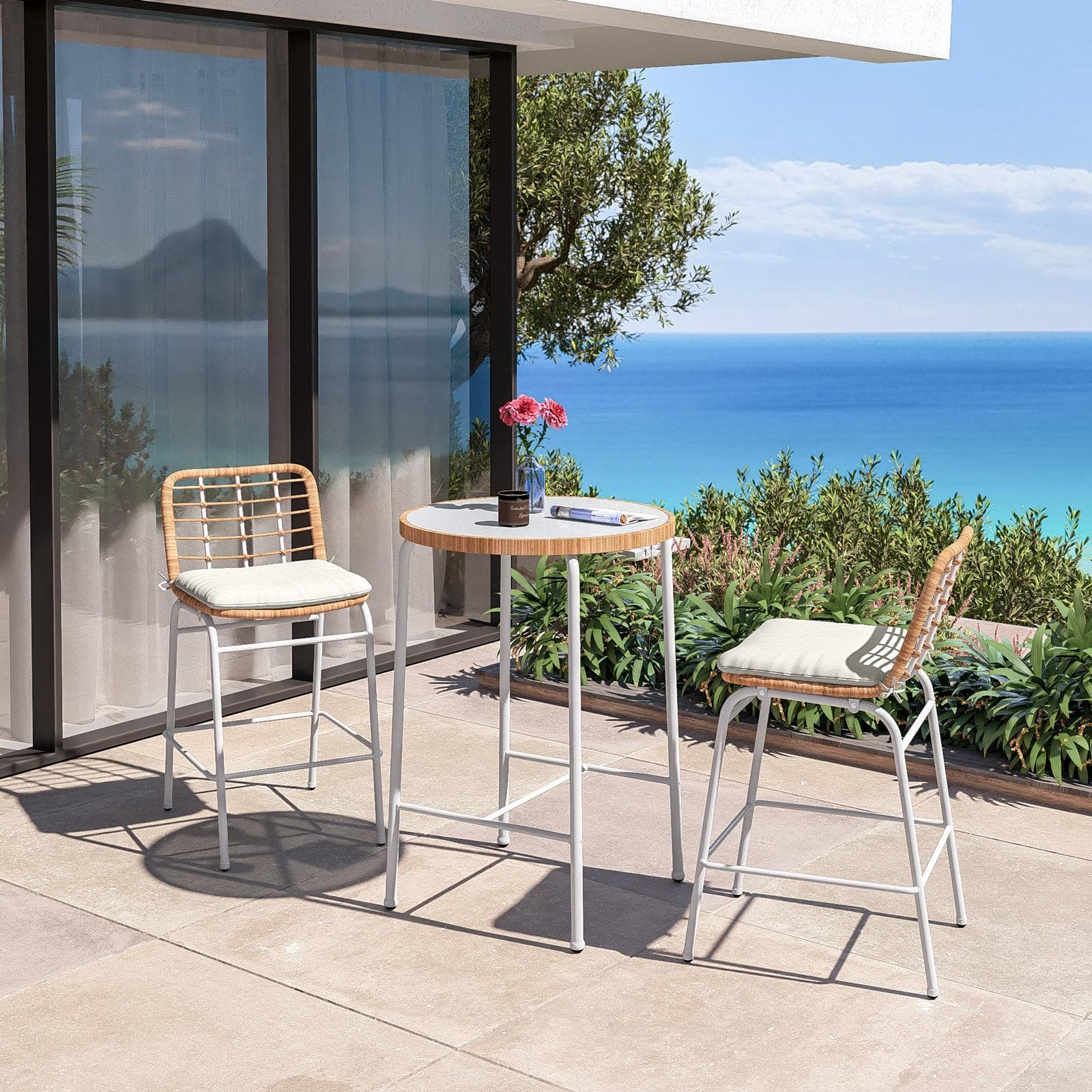 Set bistrot tavolo alto rotondo 70 cm e 2 sgabelli in acciaio bianco e polyrattan naturale - Griel