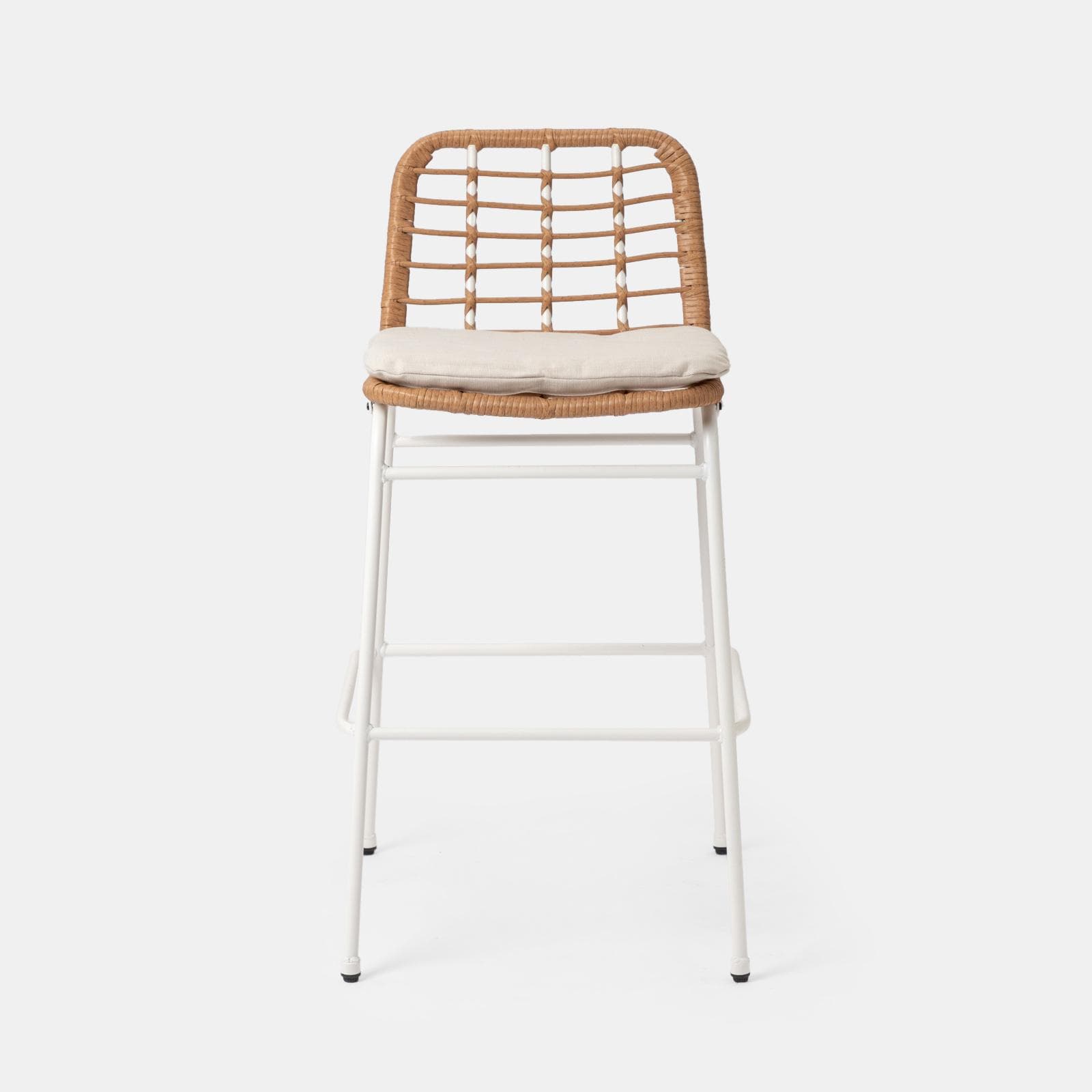 Set bistrot tavolo alto rotondo 70 cm e 2 sgabelli in acciaio bianco e polyrattan naturale - Griel