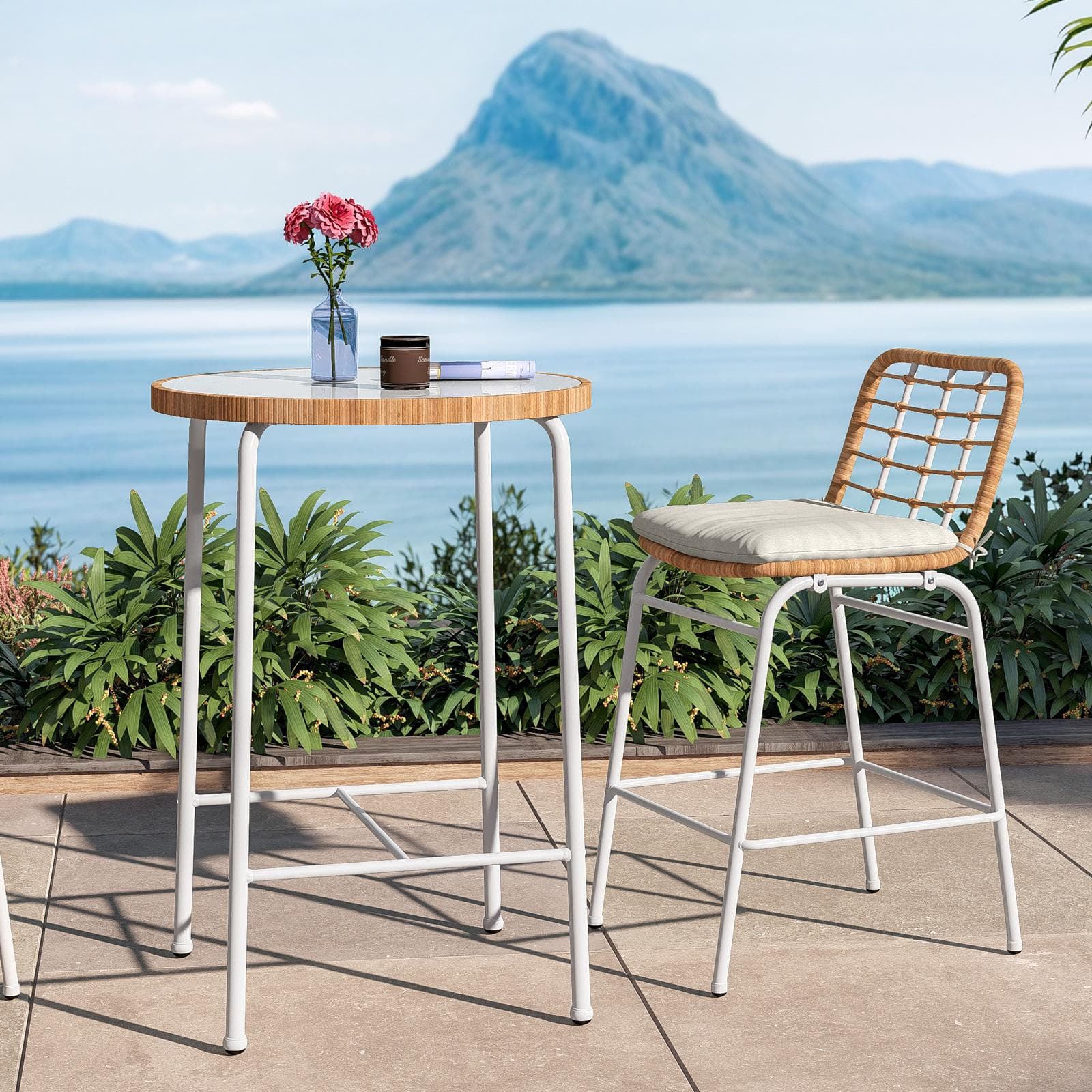 Set bistrot tavolo alto rotondo 70 cm e 2 sgabelli in acciaio bianco e polyrattan naturale - Griel