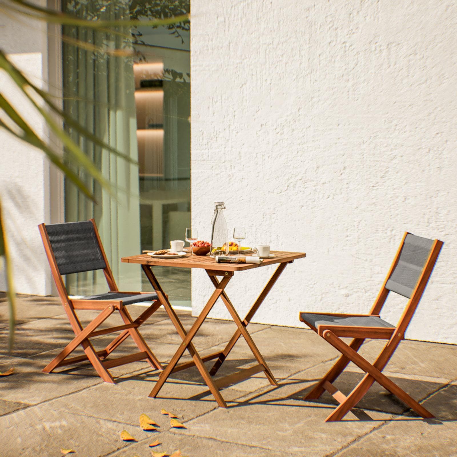 Set bistrot tavolo pieghevole 60x60 cm e 2 sedie pieghevoli in legno di acacia e corda grigia - Yadira