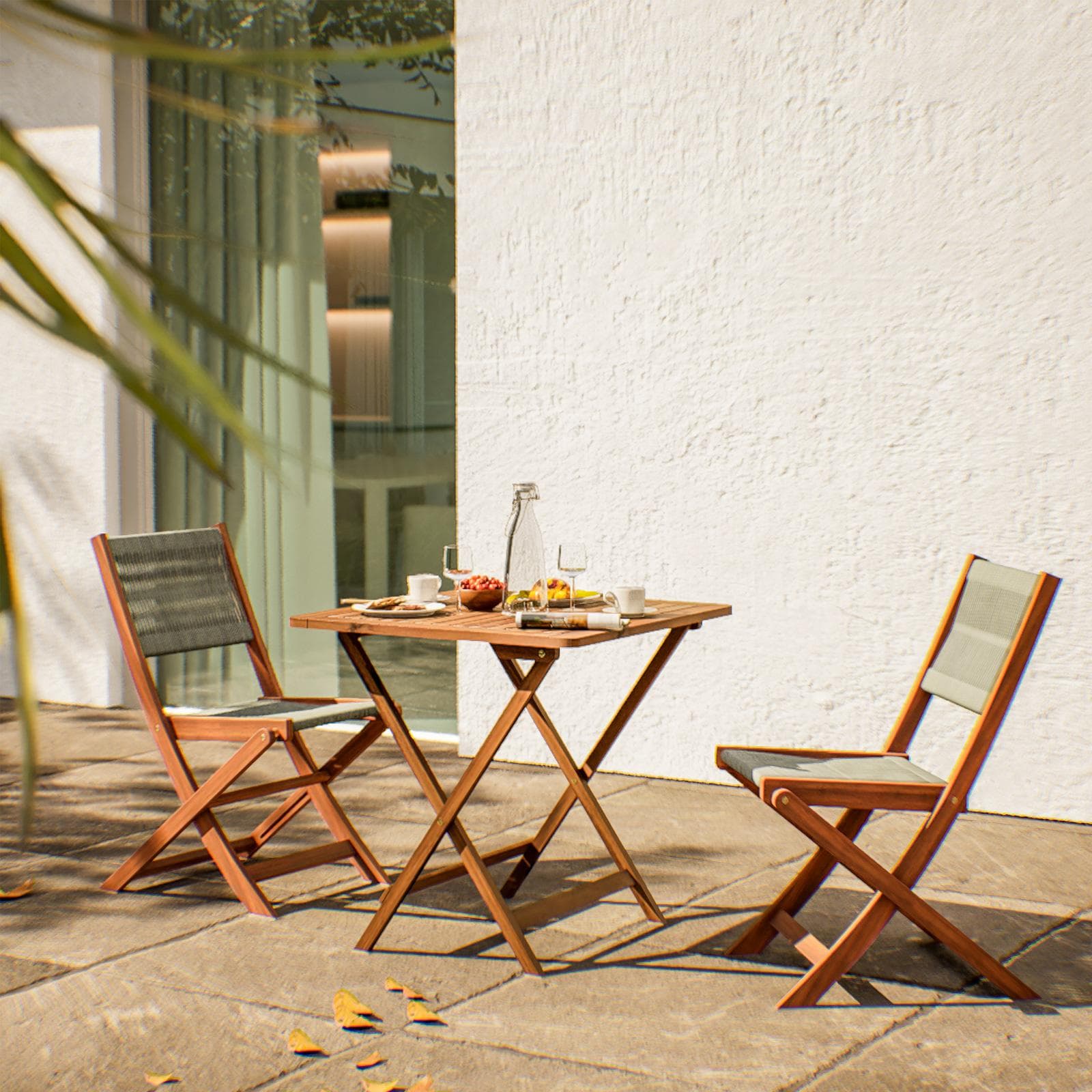 Set bistrot tavolo pieghevole 60x60 cm e 2 sedie pieghevoli in legno di acacia e corda tortora - Yadira