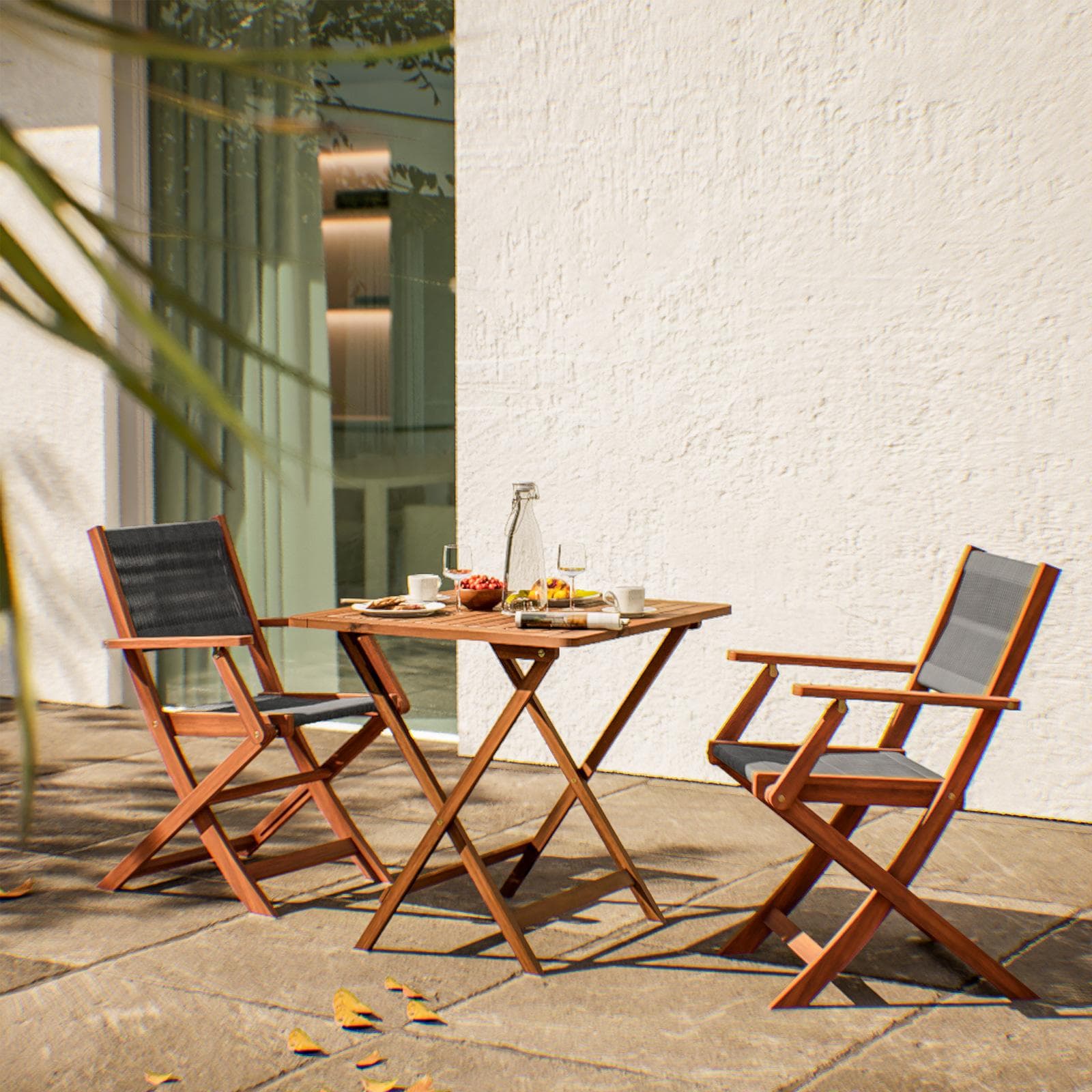 Set bistrot tavolo pieghevole 70x70 cm e 2 sedie pieghevoli con braccioli in legno di acacia e corda grigia - Yadira