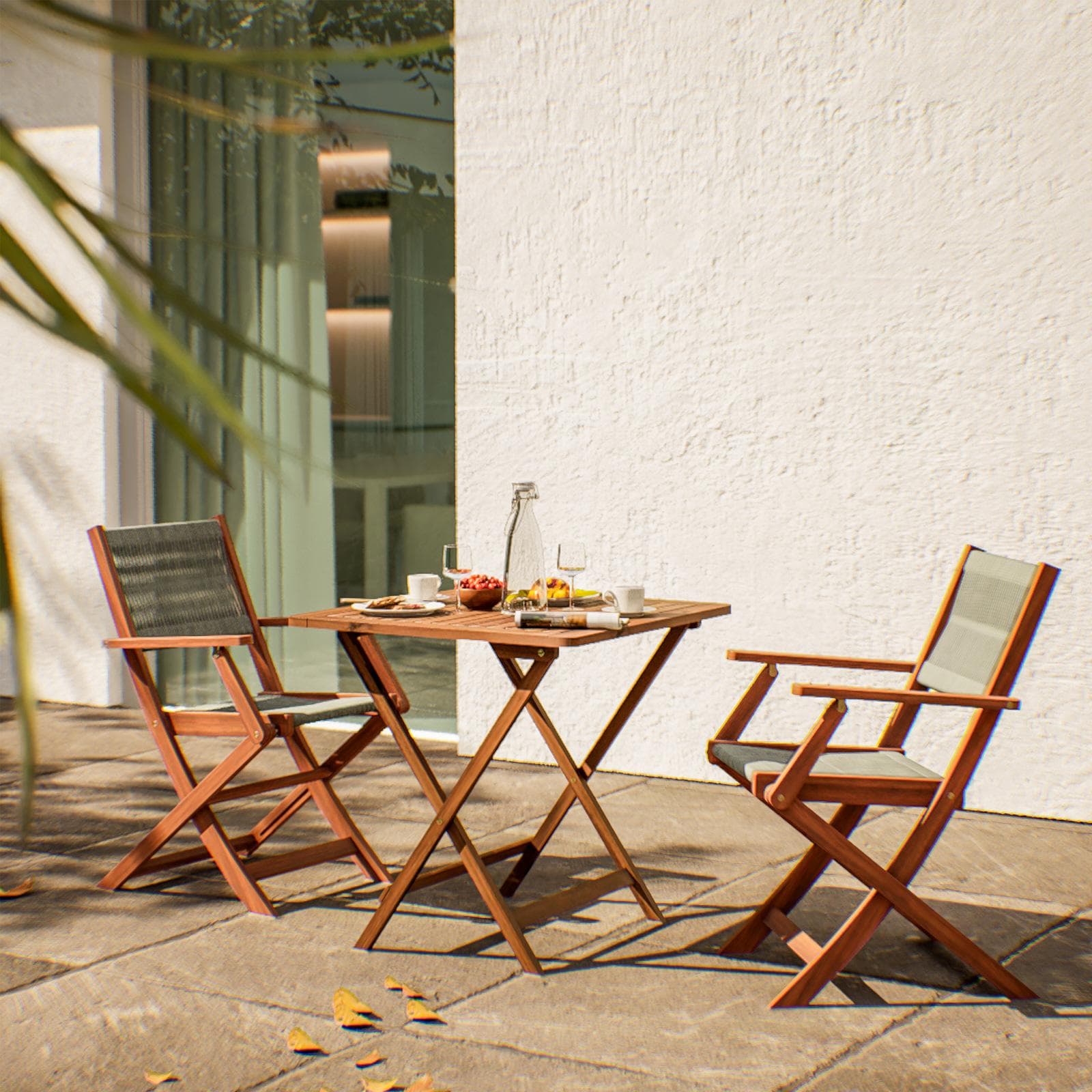 Set bistrot tavolo pieghevole 70x70 cm e 2 sedie pieghevoli con braccioli in legno di acacia e corda tortora - Yadira