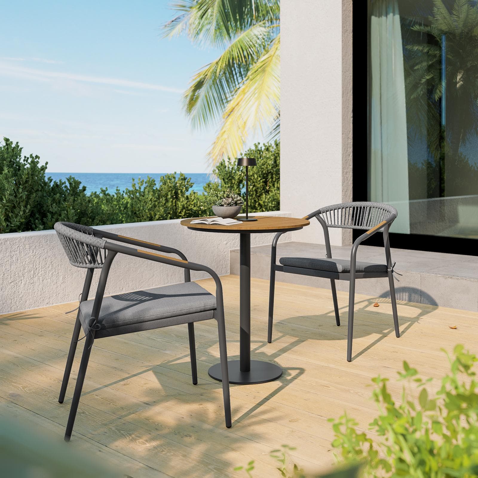 Set bistrot tavolo rotondo 60 cm e 2 sedie con braccioli effetto legno naturale in acciaio grigio e corda - Reagan