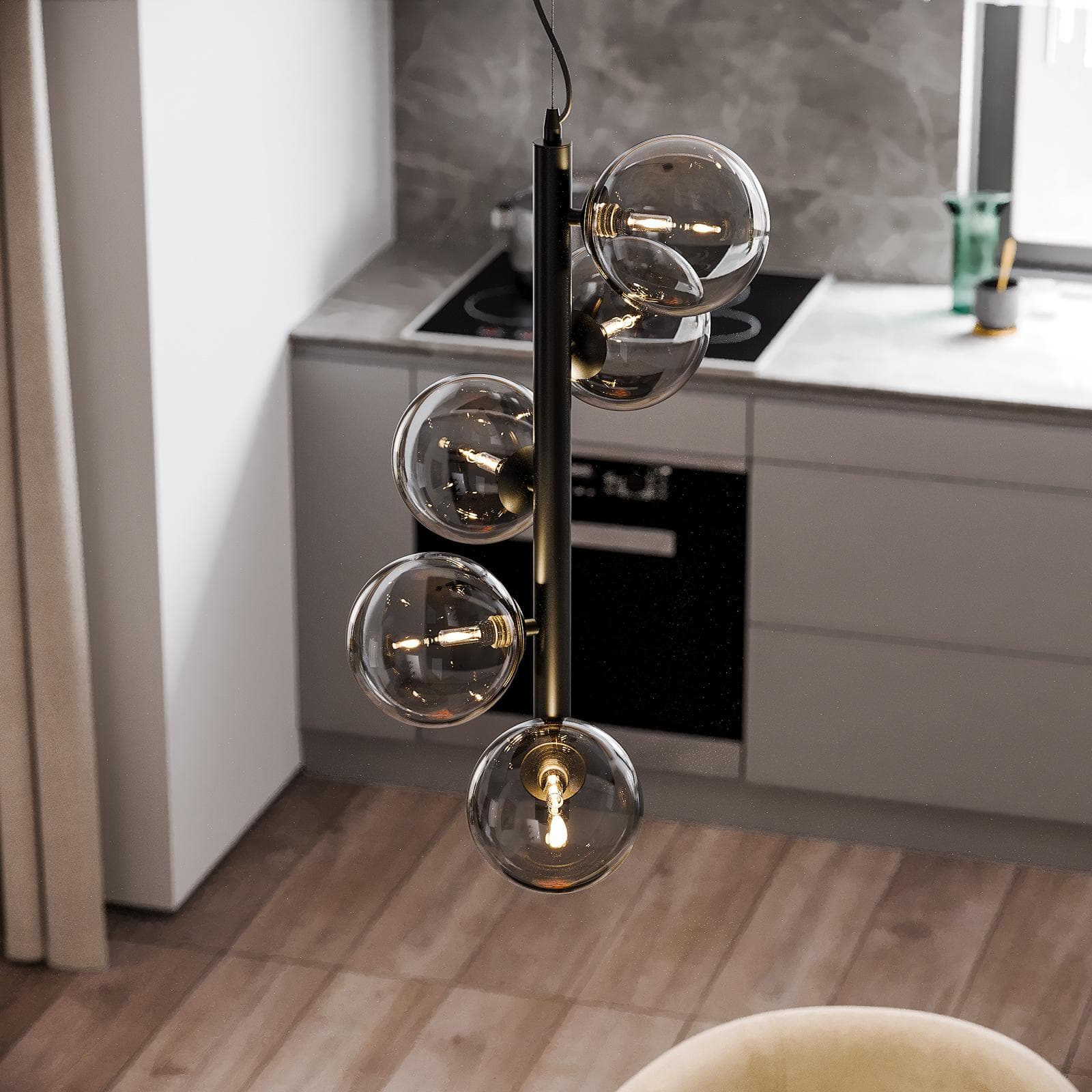 Set con lampada sospesa 183h cm e 2 applique in metallo nero e diffusore fumé
