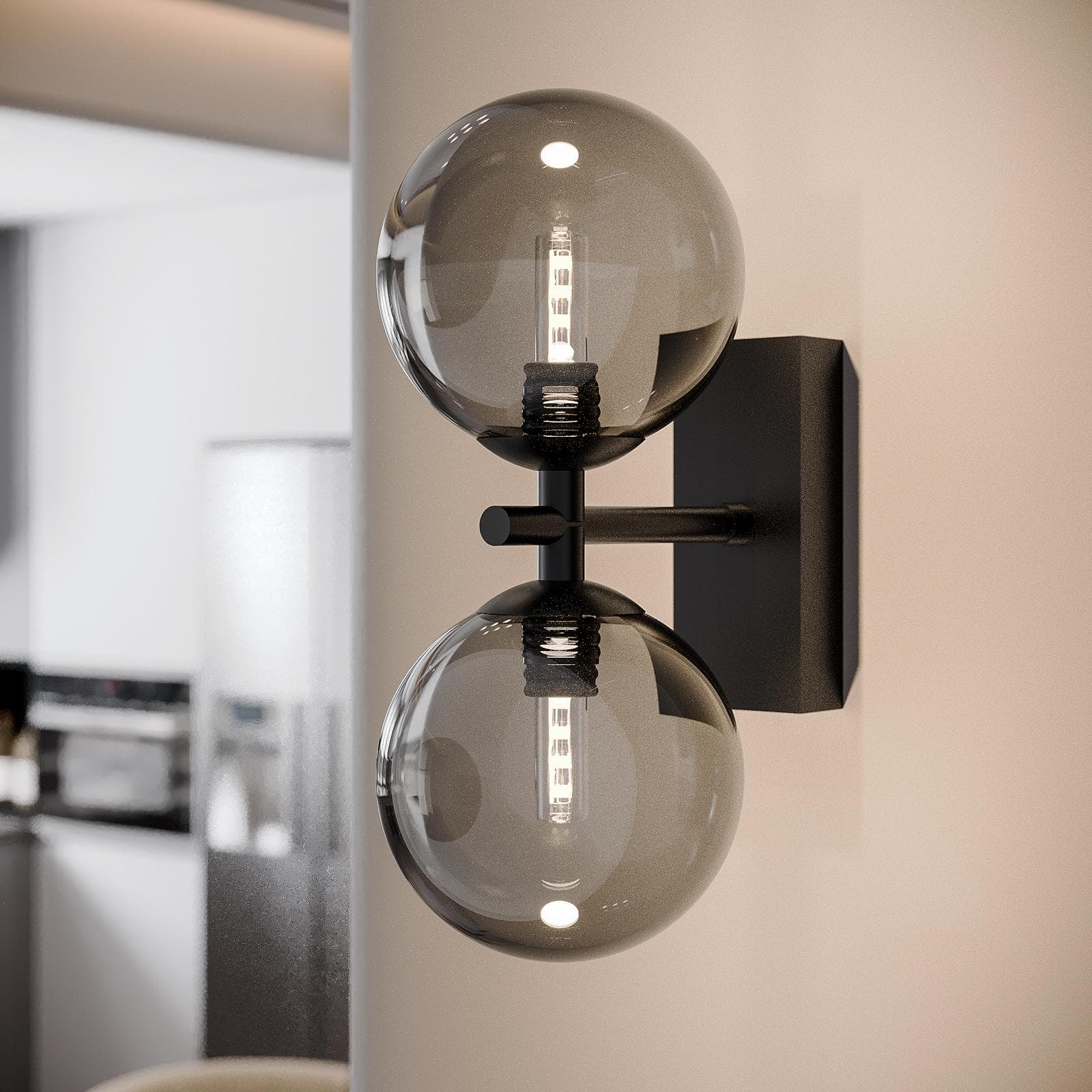 Set con lampada sospesa 183h cm e 2 applique in metallo nero e diffusore fumé