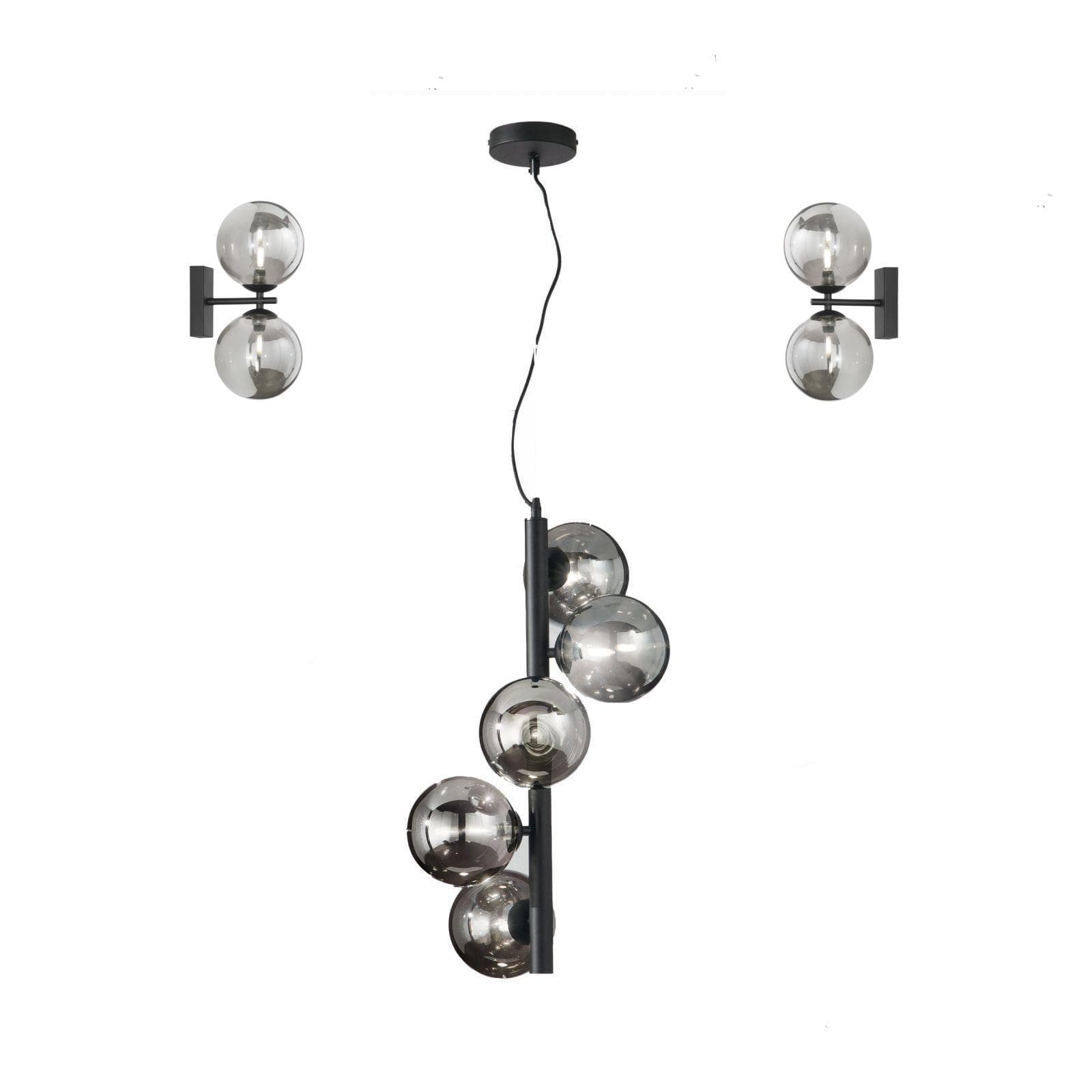 Set con lampada sospesa 183h cm e 2 applique in metallo nero e diffusore fumé