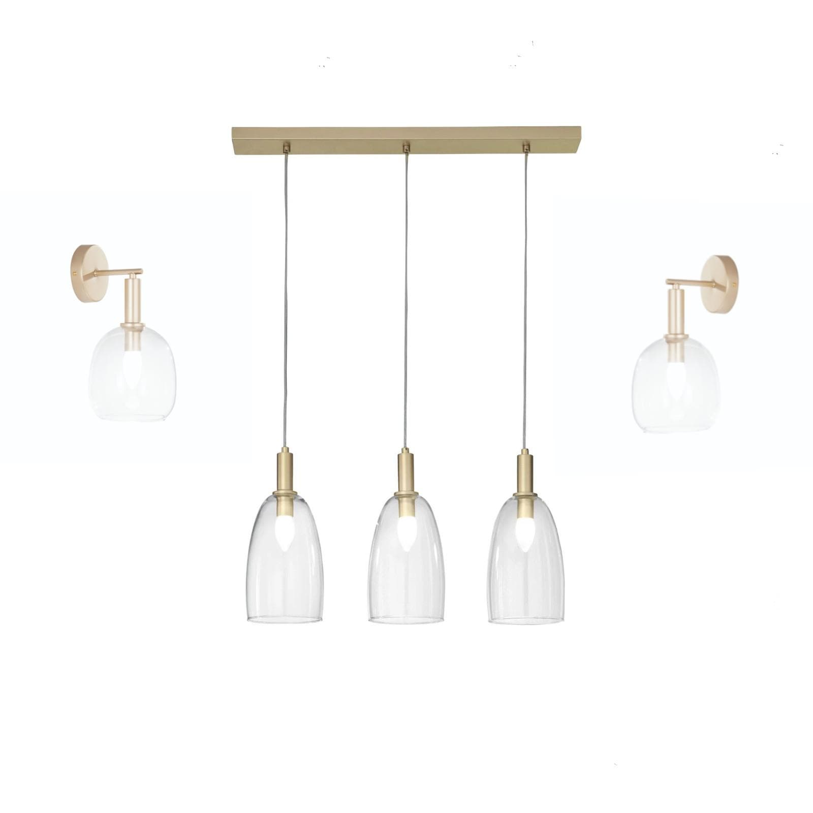 Set con lampada sospesa 72x14 cm e 2 applique in metallo oro e diffusore in vetro