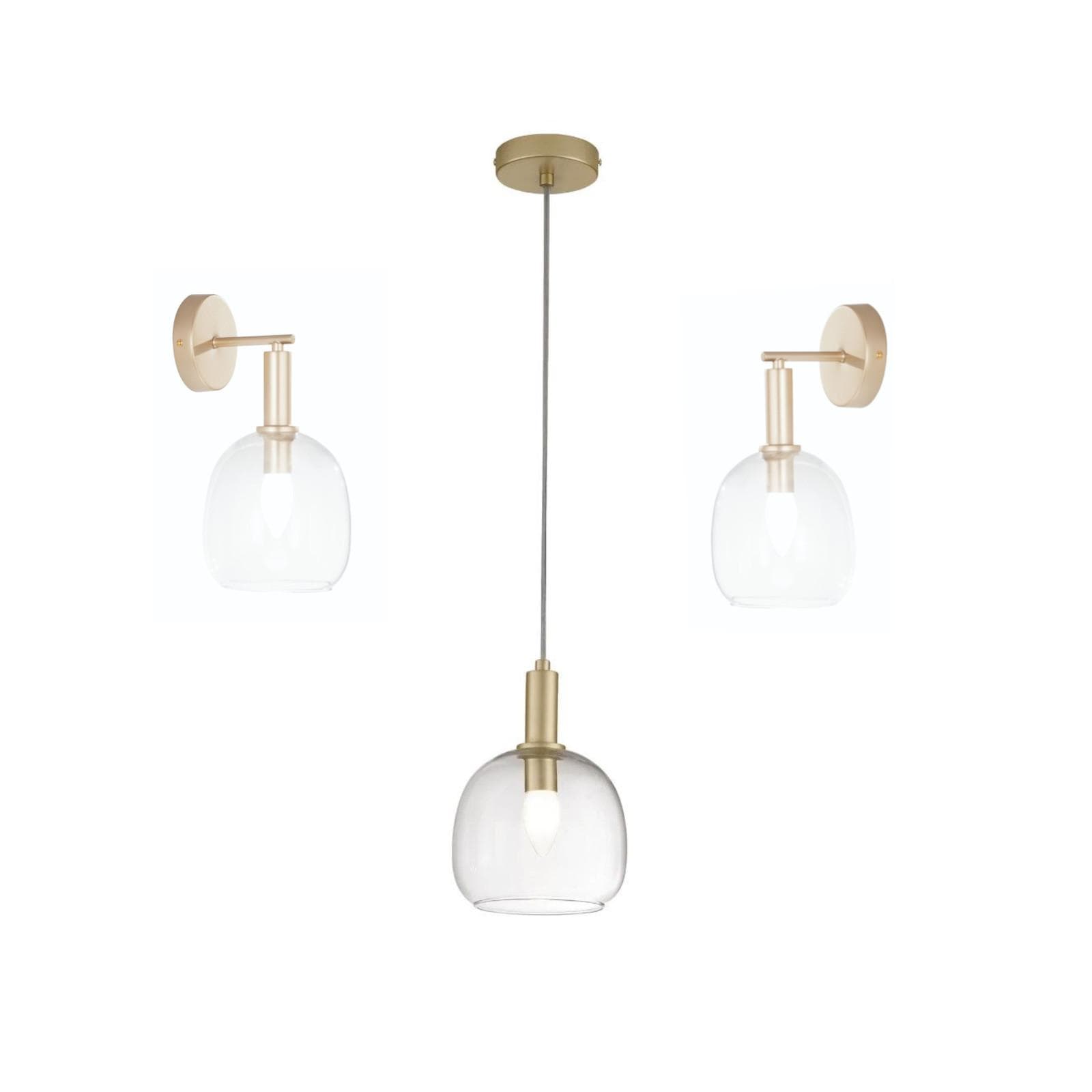 Set con lampada sospesa rotonda 16 cm e 2 applique in metallo oro e diffusore in vetro