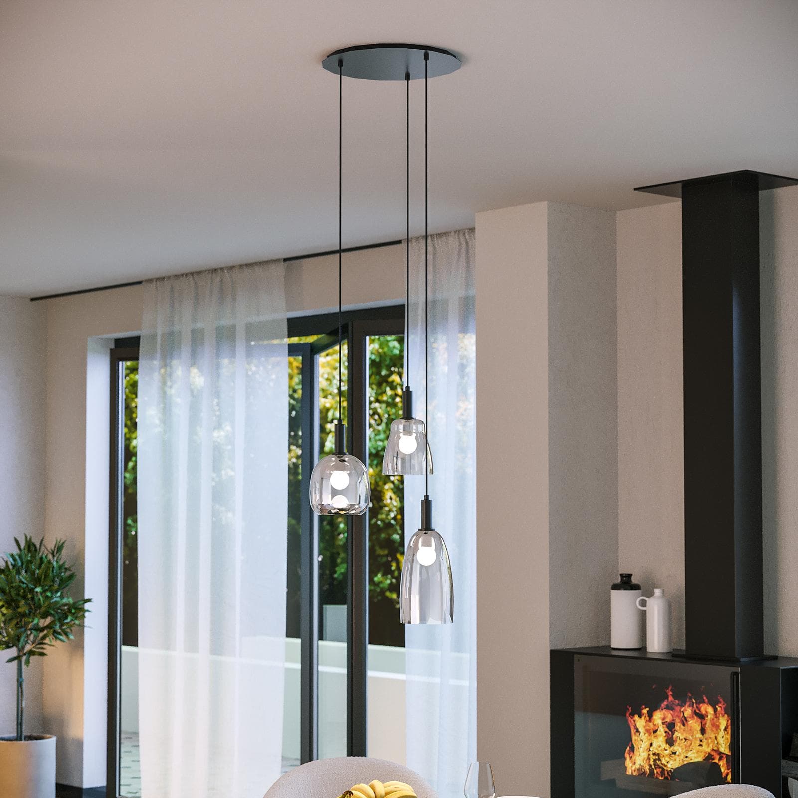 Set con lampada sospesa rotonda 39 cm e 2 applique in metallo nero e diffusore in vetro cromo