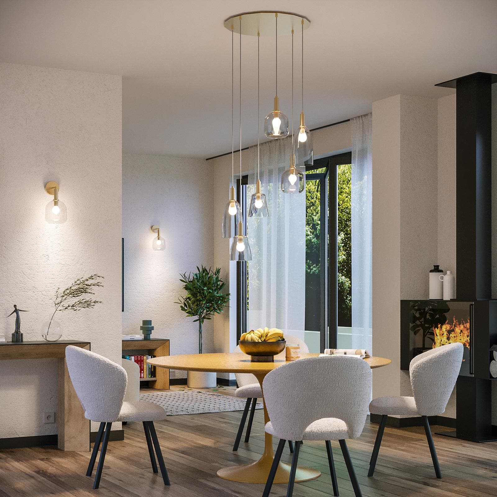 Set con lampada sospesa rotonda 60 cm e 2 applique in metallo oro e diffusore in vetro