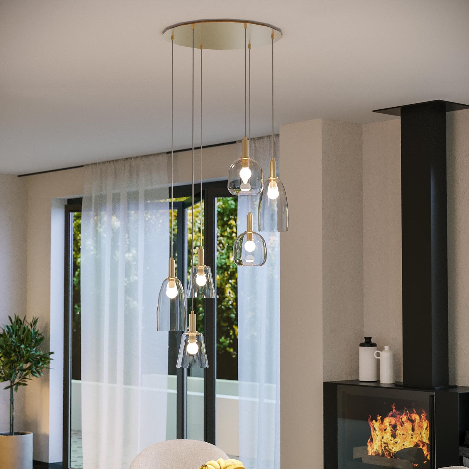 Set con lampada sospesa rotonda 60 cm e 2 applique in metallo oro e diffusore in vetro