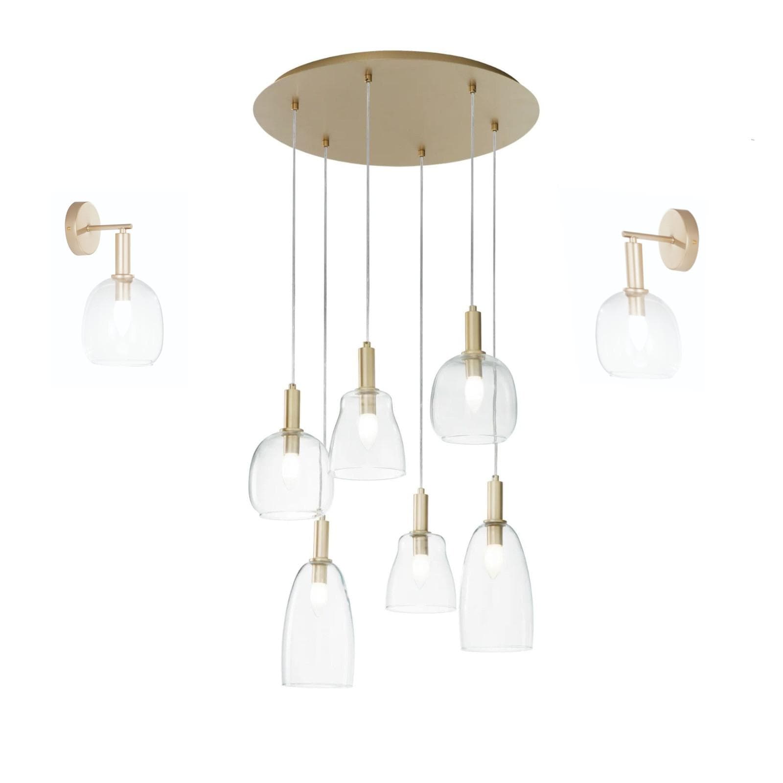Set con lampada sospesa rotonda 60 cm e 2 applique in metallo oro e diffusore in vetro