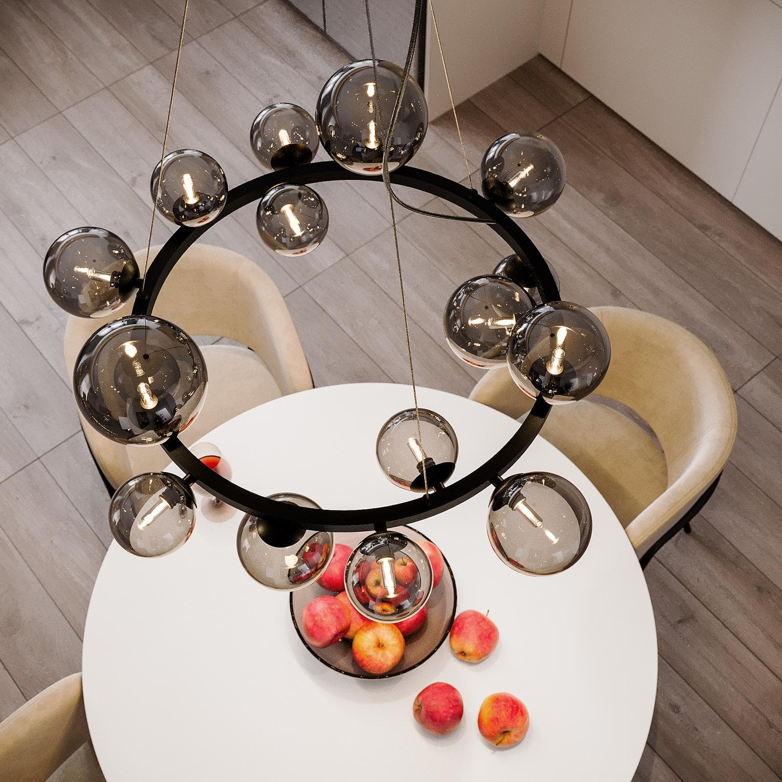 Set con lampada sospesa rotonda 82 cm e 2 applique in metallo nero e diffusore fumé