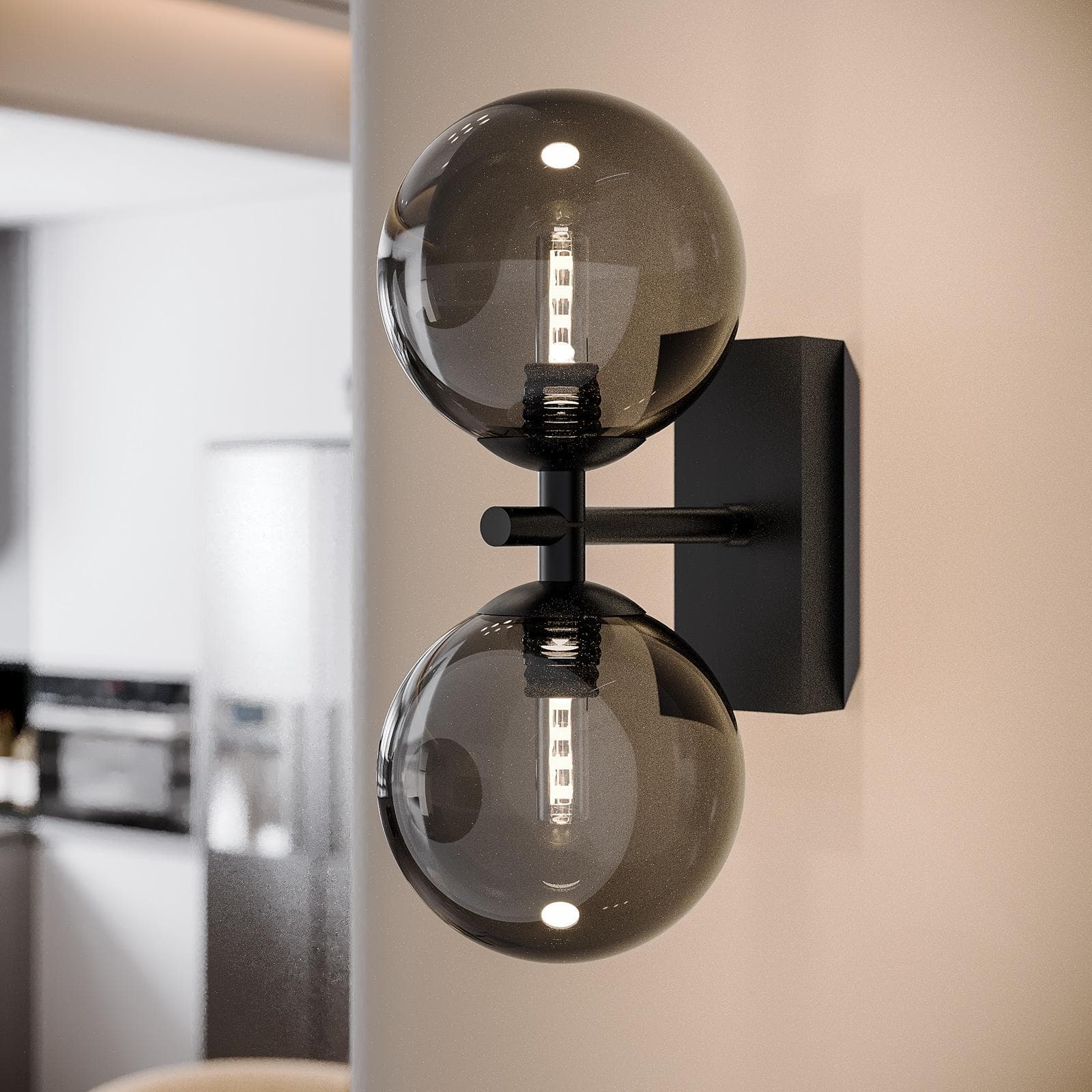 Set con lampada sospesa rotonda 82 cm e 2 applique in metallo nero e diffusore fumé