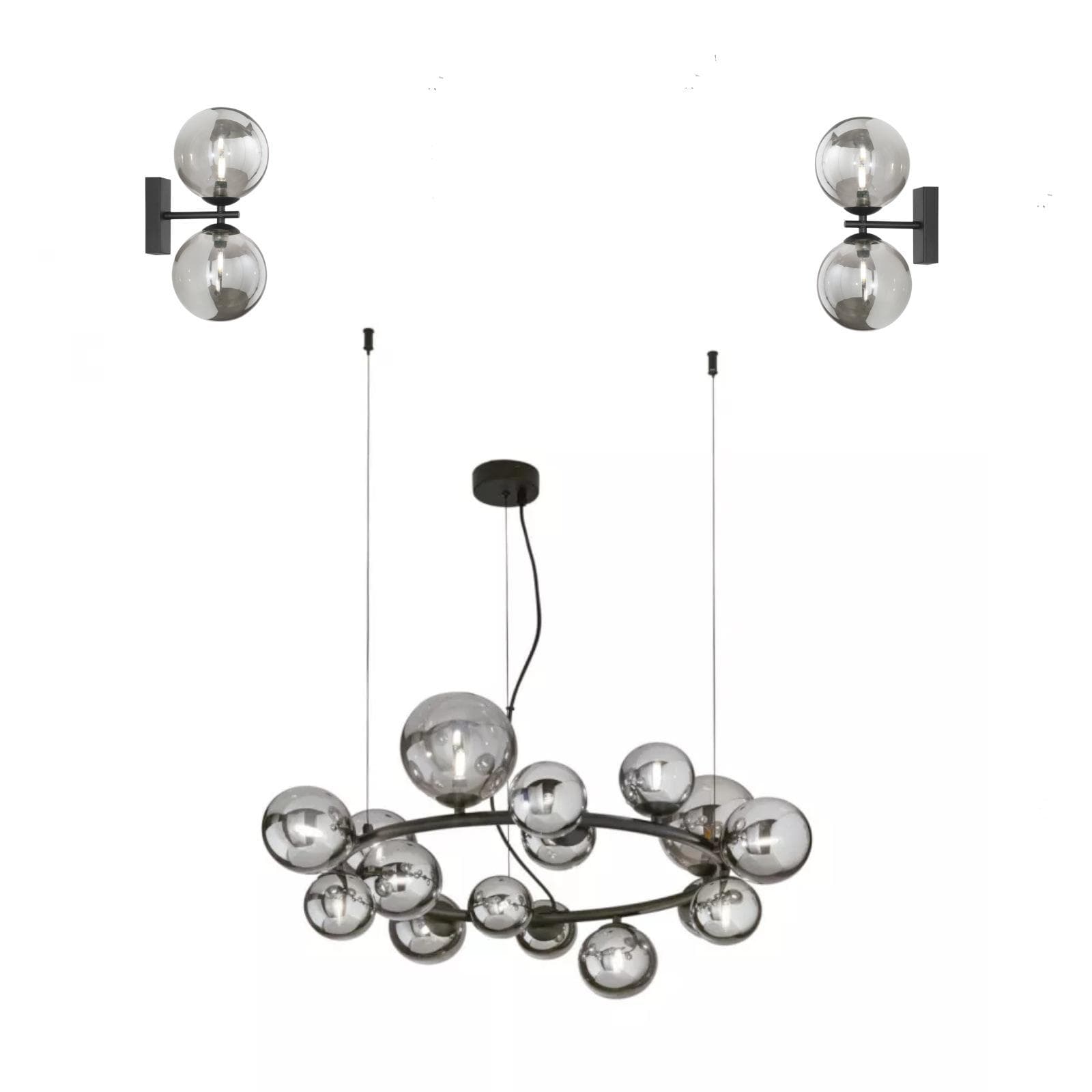 Set con lampada sospesa rotonda 82 cm e 2 applique in metallo nero e diffusore fumé