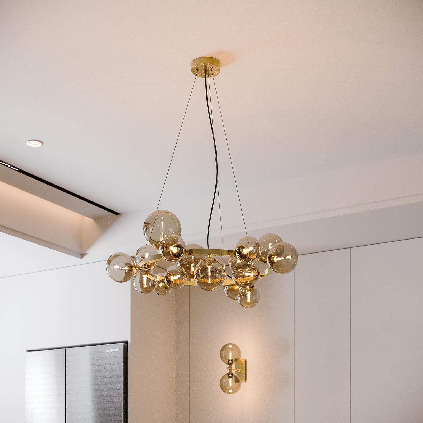 Set con lampada sospesa rotonda 82 cm e 2 applique in metallo oro e diffusore champagne