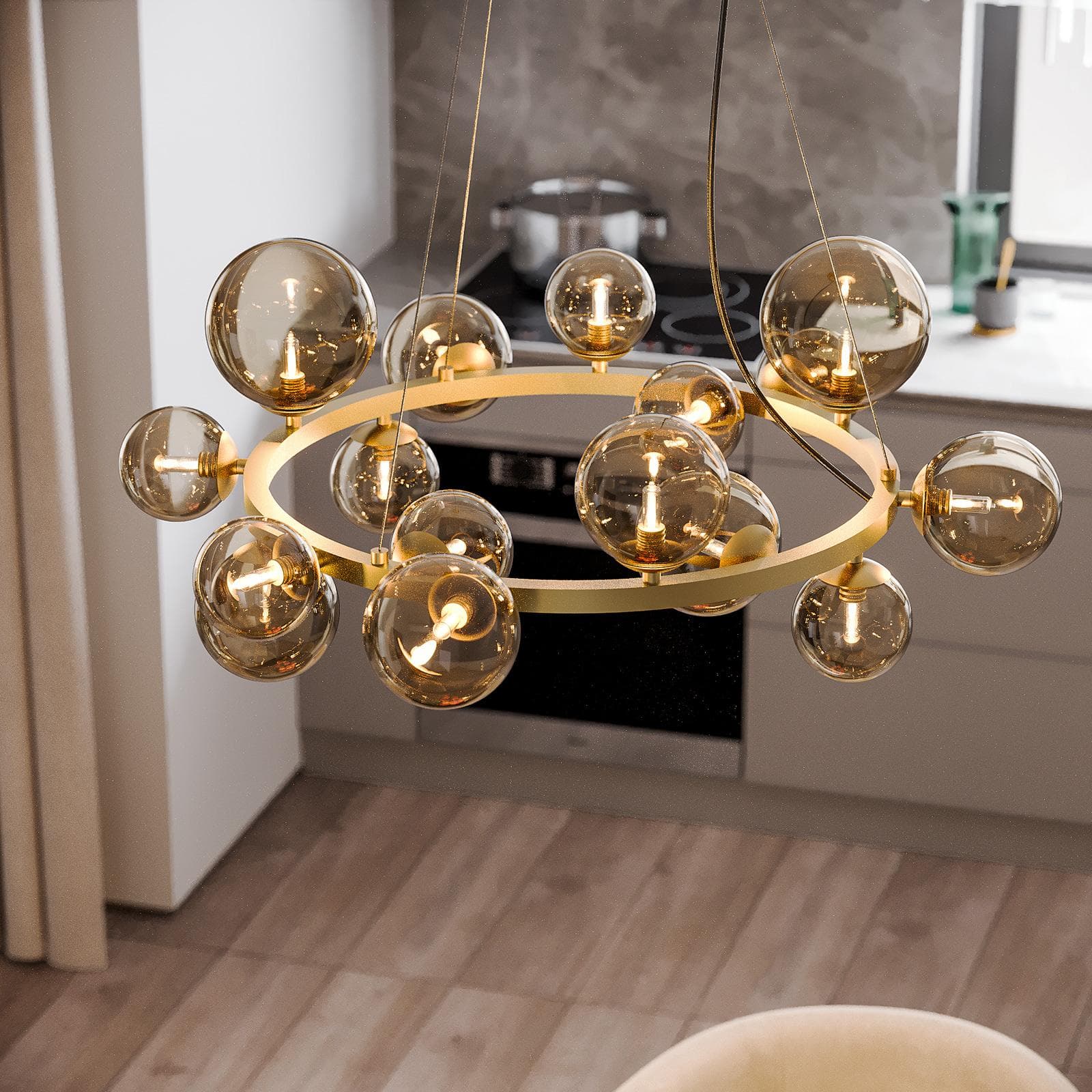 Set con lampada sospesa rotonda 82 cm e 2 applique in metallo oro e diffusore champagne